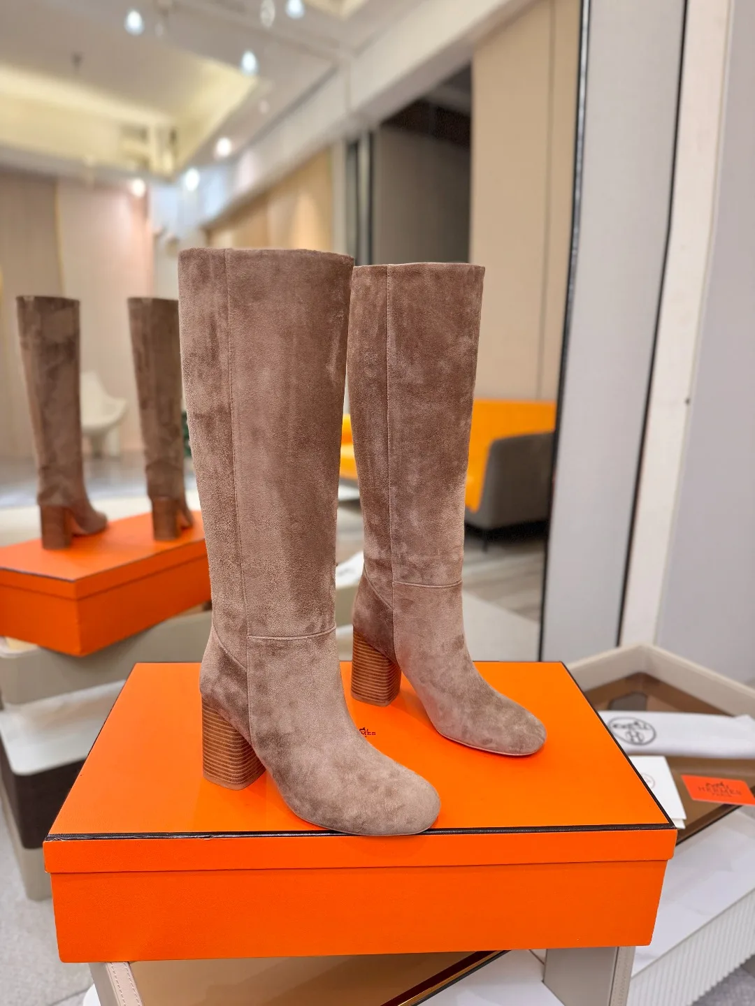 Hermes Cowhide Knee-High Boots in Grey · view 2