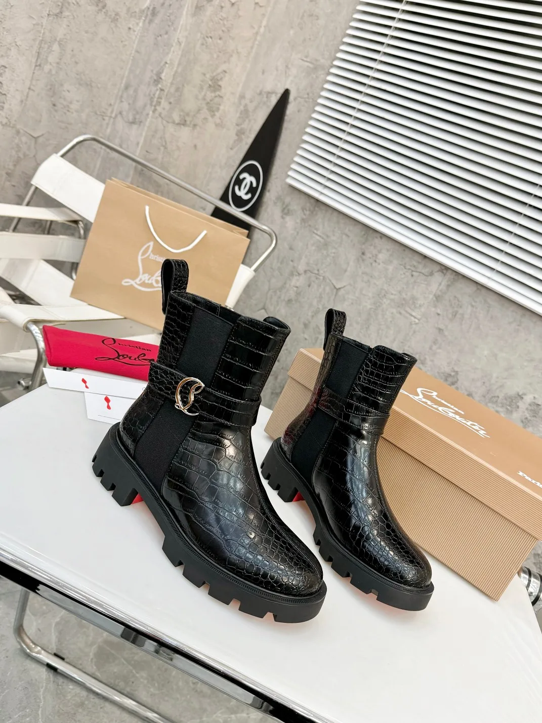 Christian Louboutin Glossy Buckle Ankle Boots in Black · view 2