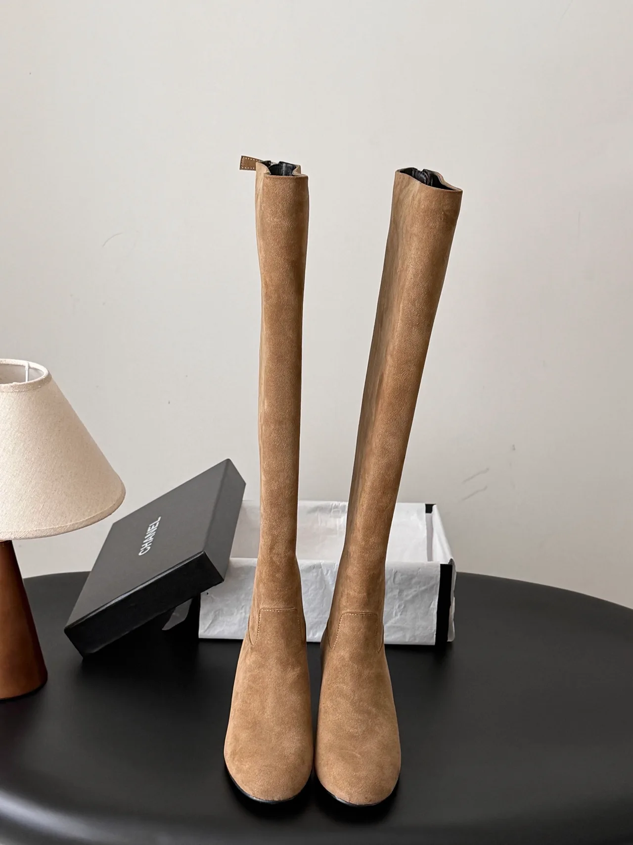 Chanel Sheepskin Matte Suede-Look Knee-High Boots in Tan · view 1