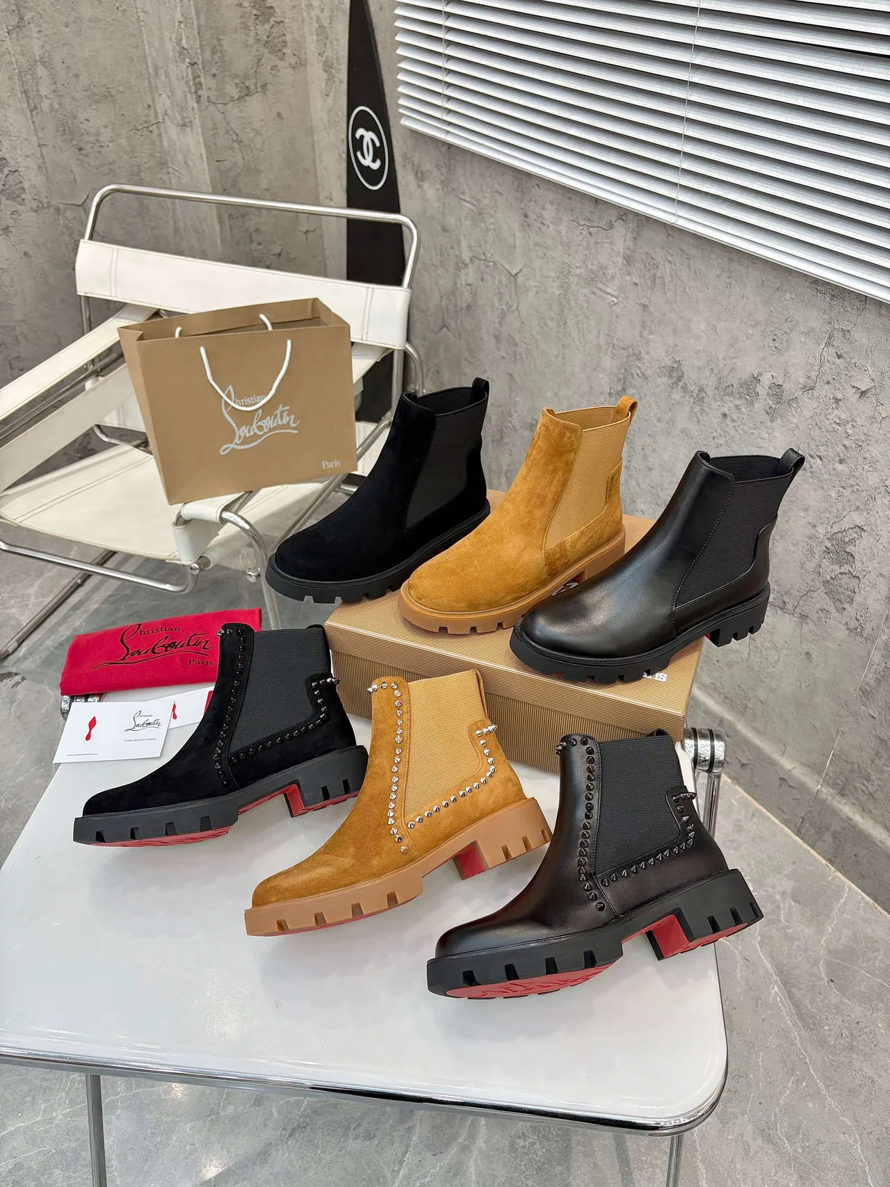 Christian Louboutin Studded Chelsea Boots in Black & Brown & Grey · view 2