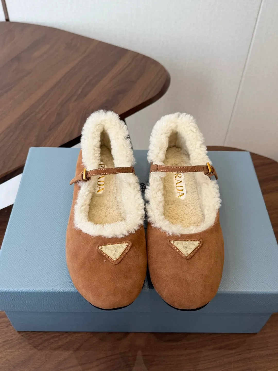 Prada Suede-Look Slippers in Tan · view 1