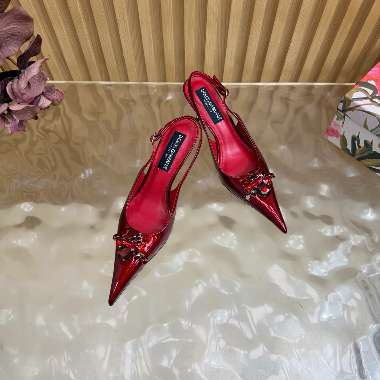 Dolce & Gabbana Patent Leather Embellished Slingback Pumps in Red · view 6