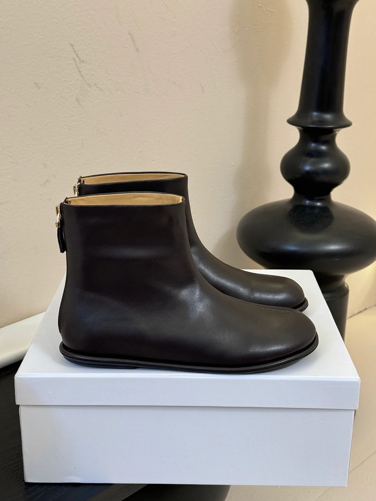 The Row Cowhide Glossy Round-Toe Chelsea Ankle Boots in Brown · view 4