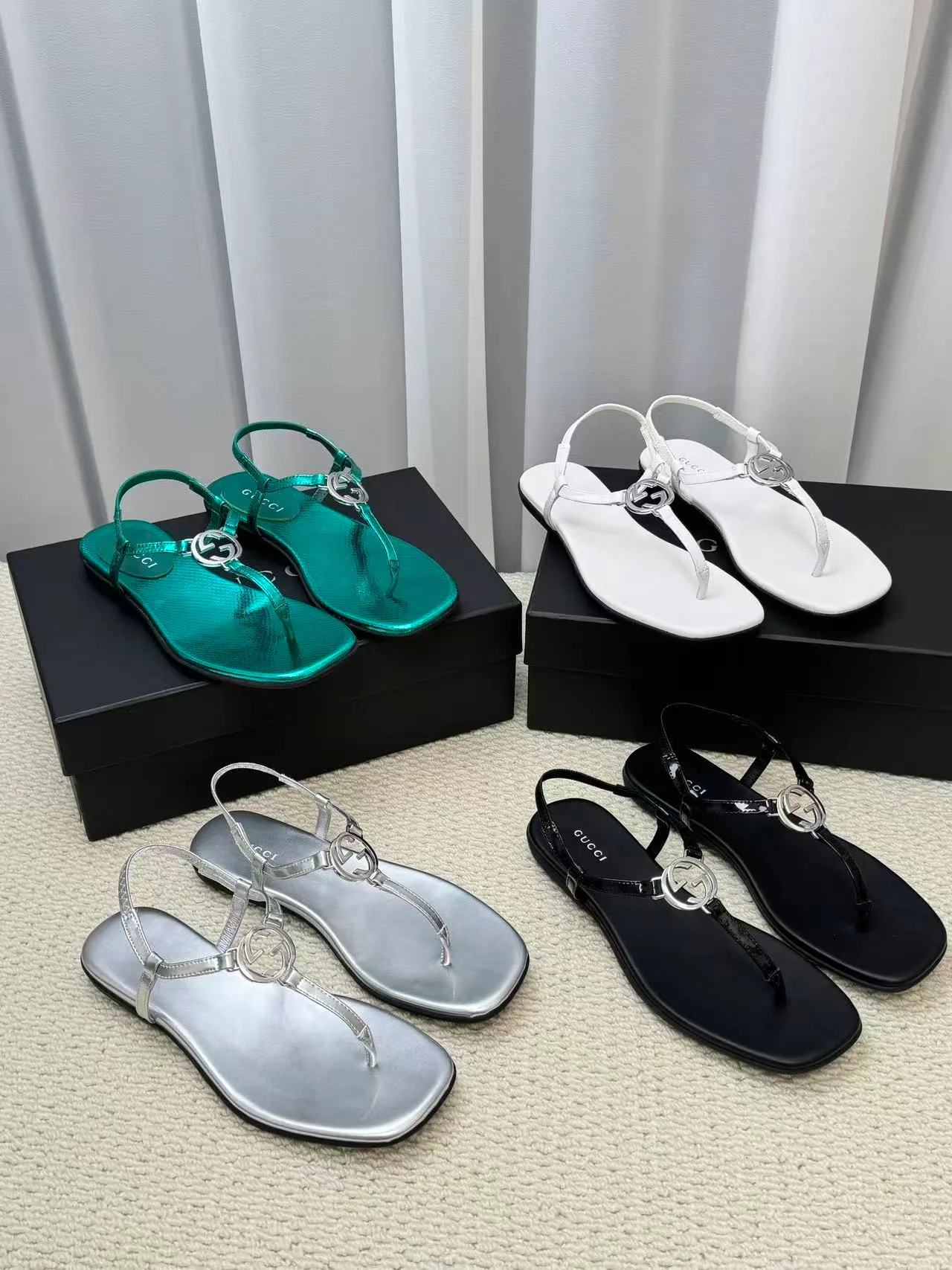 Gucci Thong Sandals in White & Silver & Green & Black · view 2