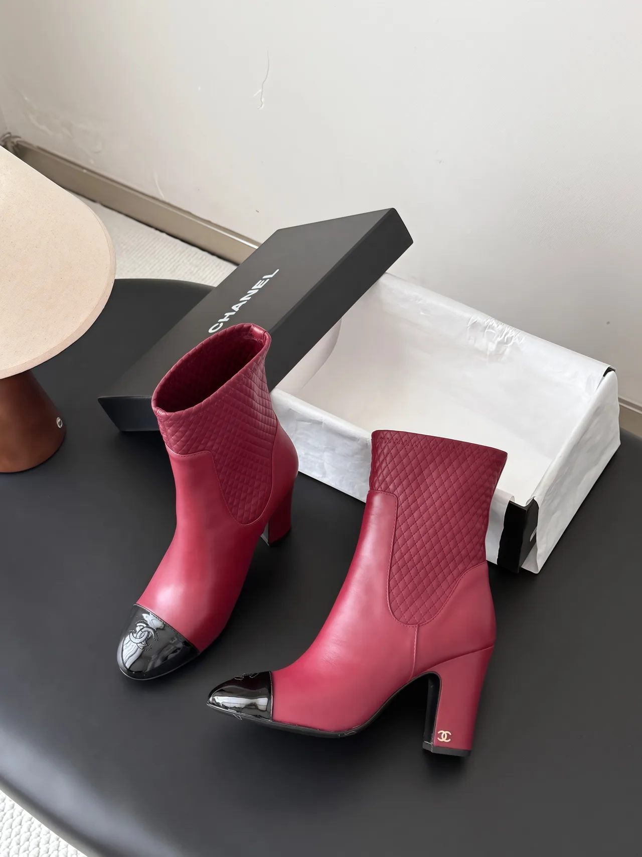 Chanel Cowhide Quilted Glossy Pointed-Toe Ankle Boots in Burgundy · view 3