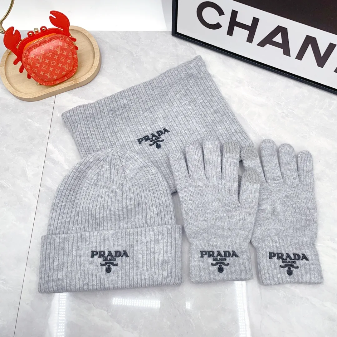 Prada Wool Ribbed Embroidered Hat Scarf and Gloves Set in Grey · view 2