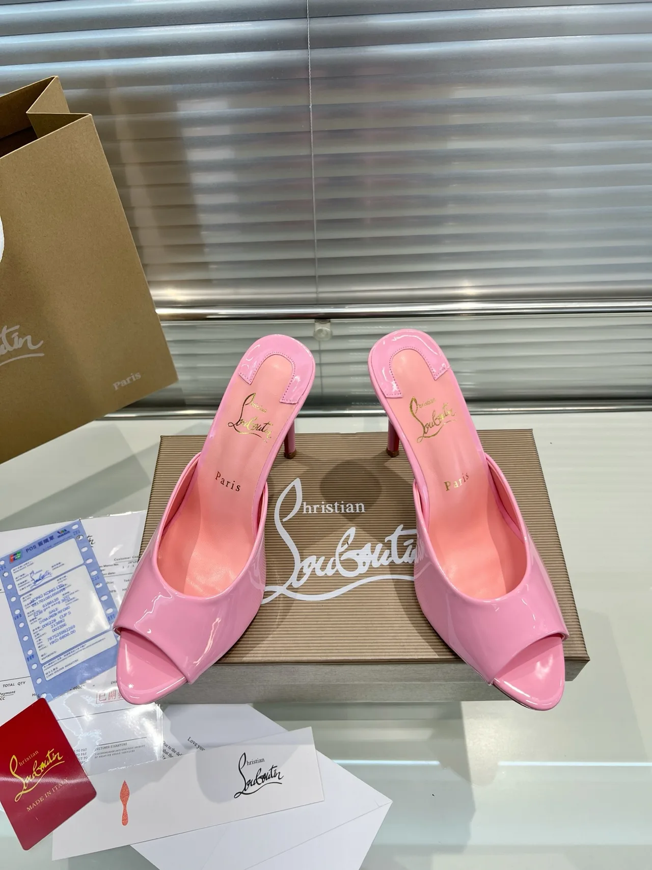 Christian Louboutin Open-toe heeled mules in Pink & Burgundy & Black & Blue & White · view 5