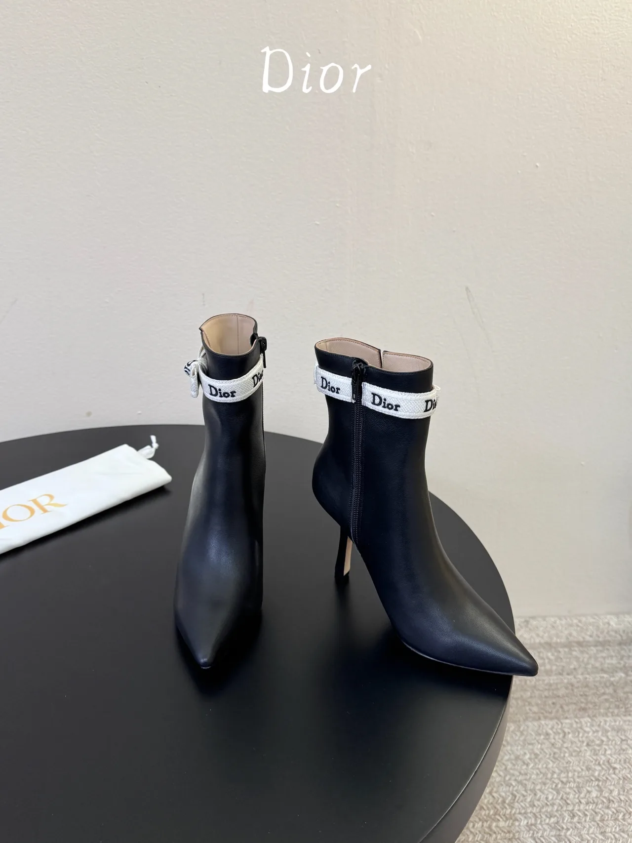 Dior Cowhide Glossy Pointed-Toe Ankle Boots in Black · view 2