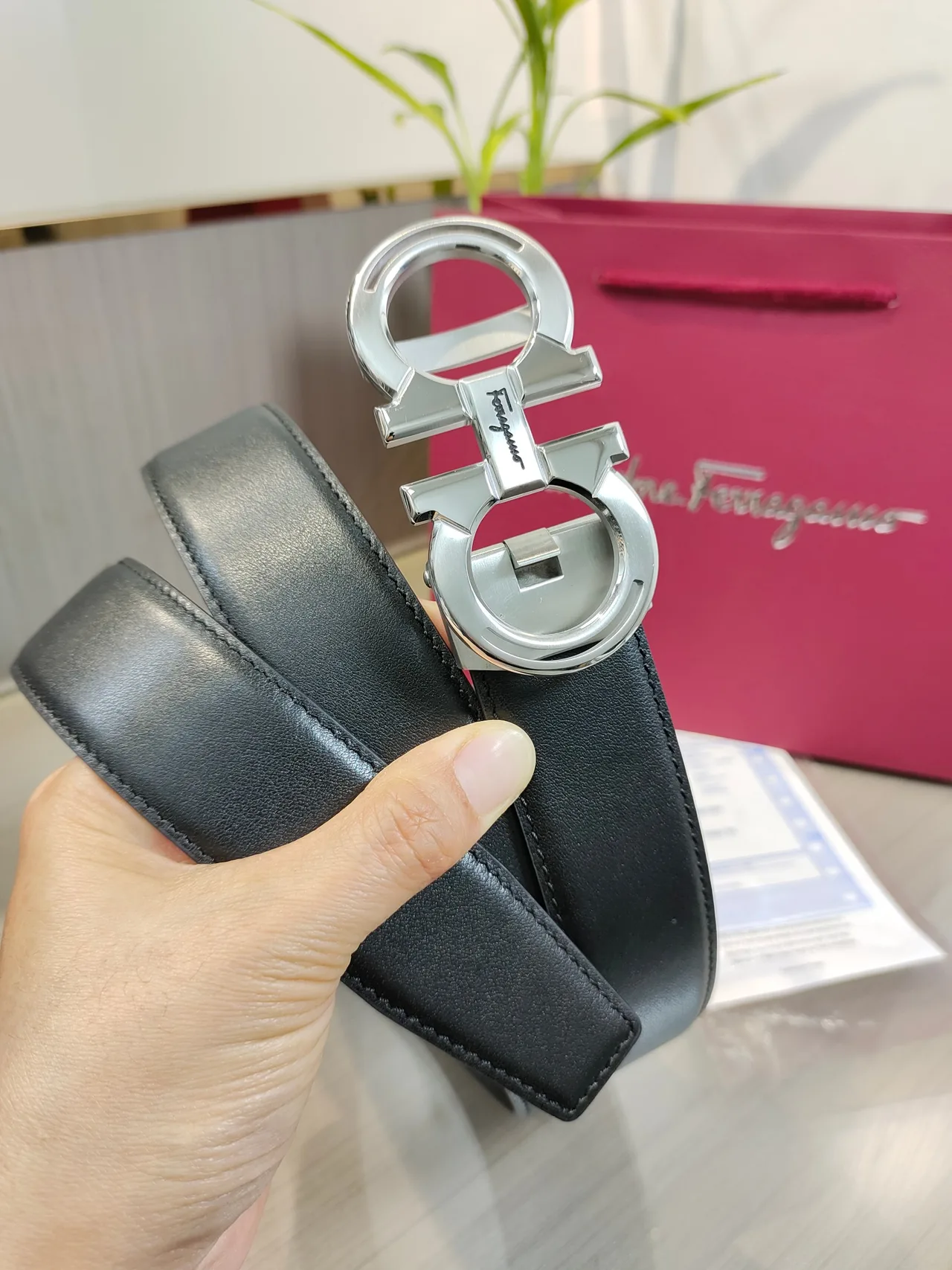 Ferragamo Calfskin Glossy Belt in Black · view 5