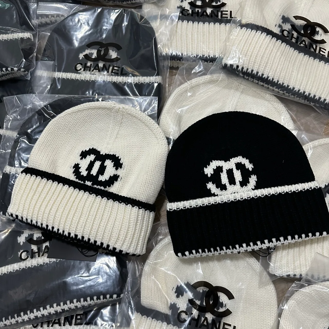 Chanel CC Stripe Beanie in White & Black & Grey · view 8