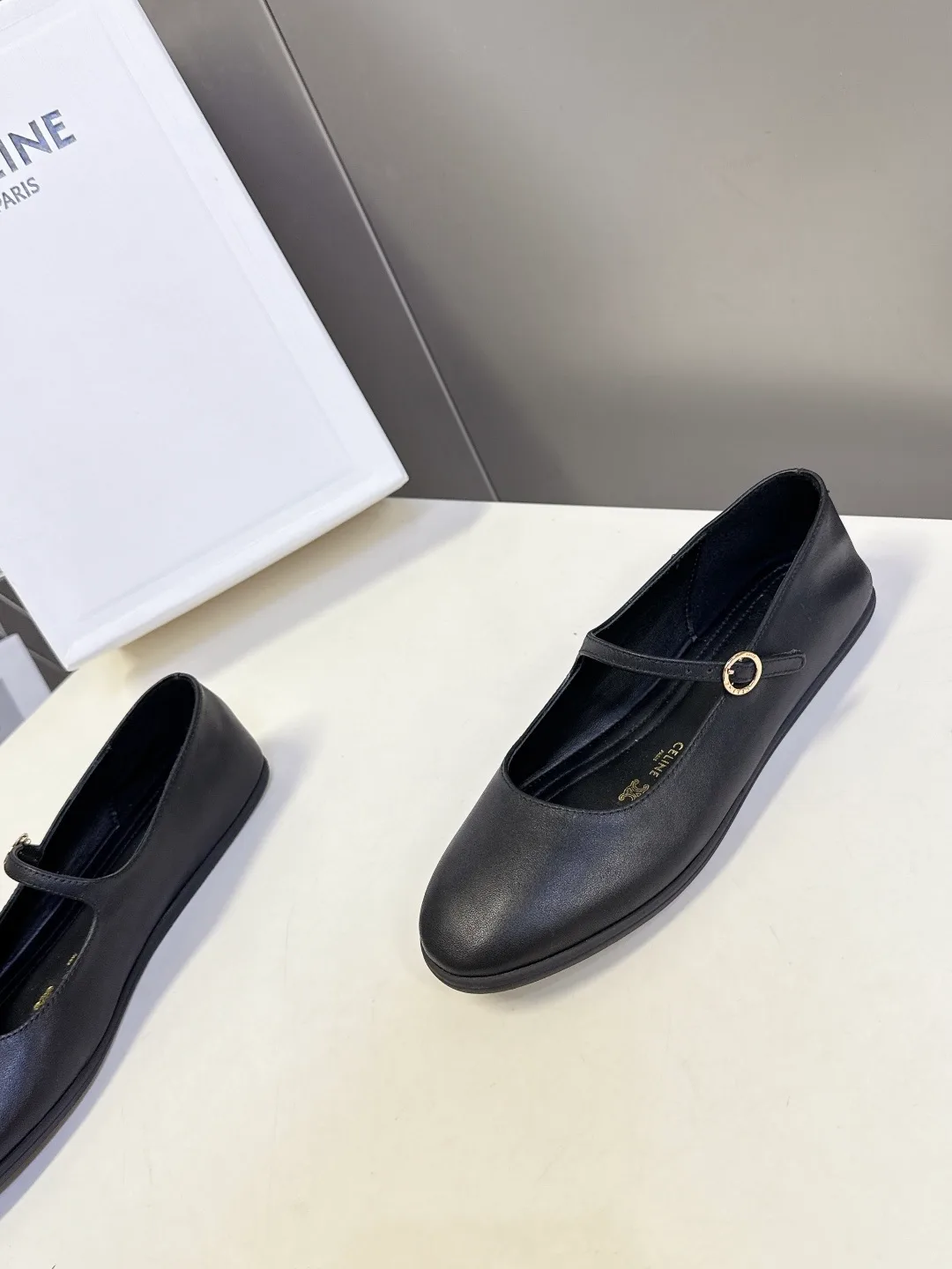 Celine Calfskin Square-Toe Mary Jane Flats in Black · view 3