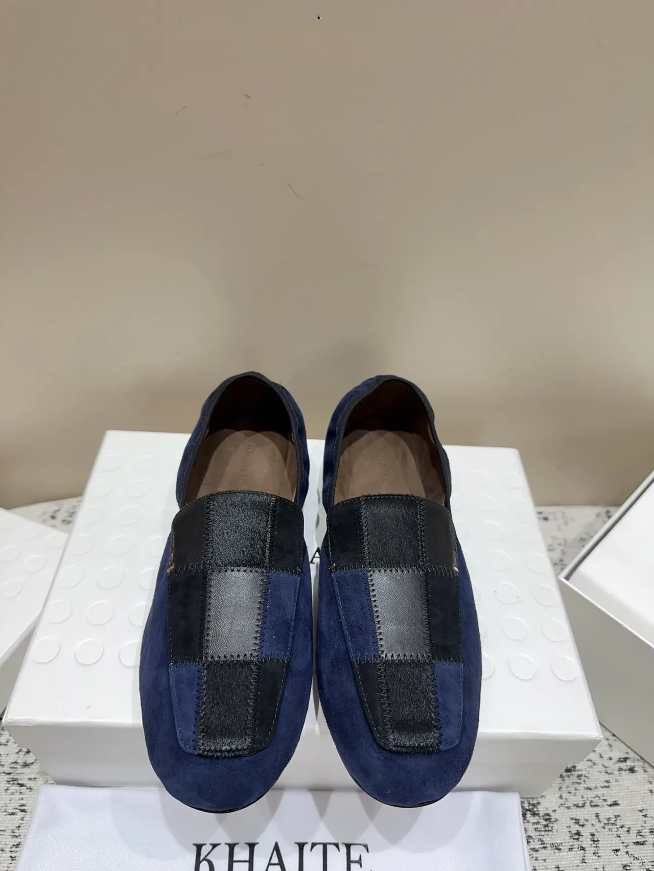 Khaite Sheepskin Suede-Look Loafers in Blue · view 1