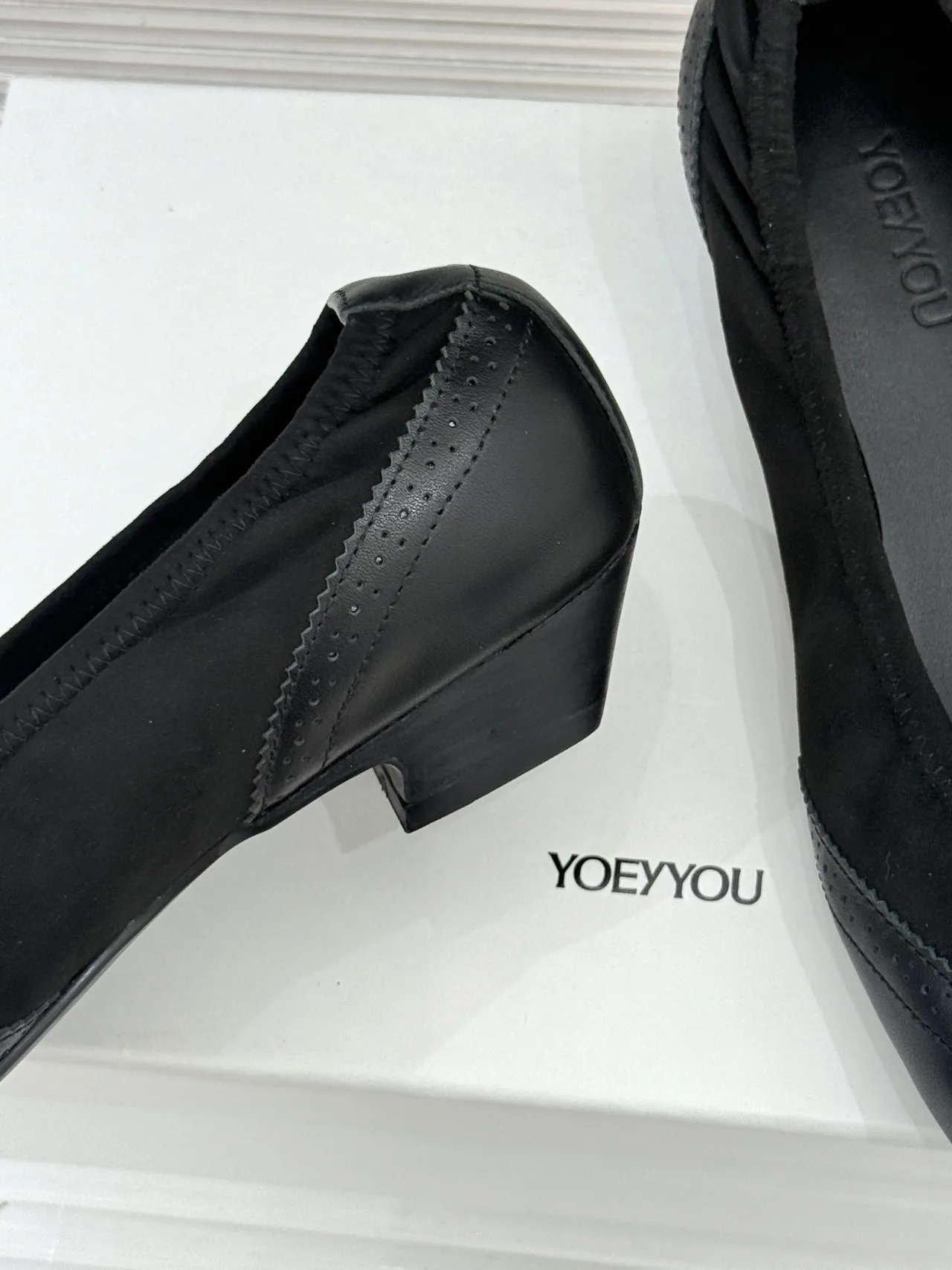 YOEYYOU Lambskin Denim Glossy Square-Toe Pumps in Black · view 6