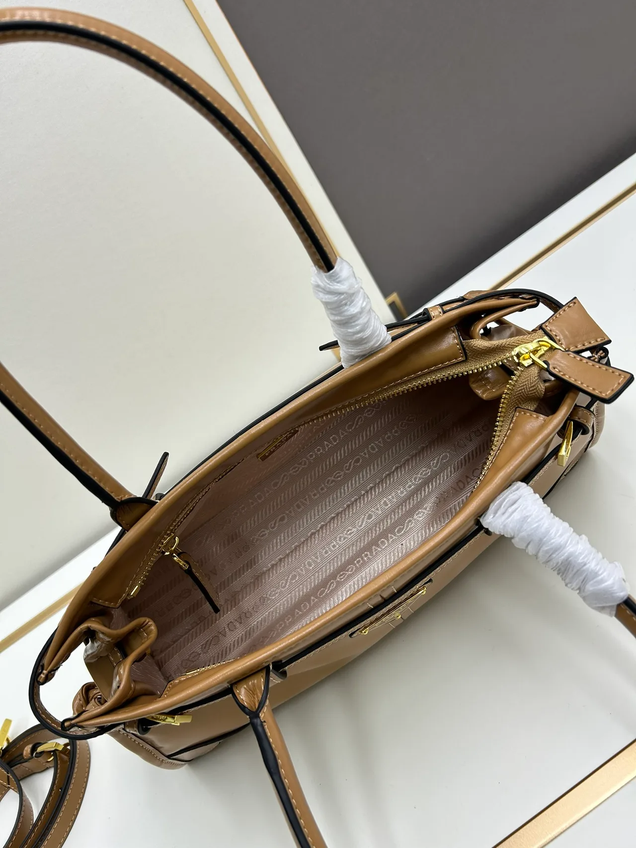 Prada Smooth Top-Handle Bag in Tan · view 7