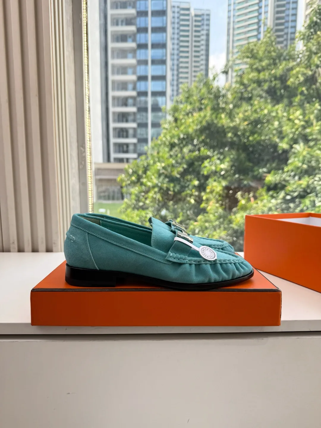 Hermes Calfskin Matte Suede-Look Round-Toe Loafers in Green · view 6