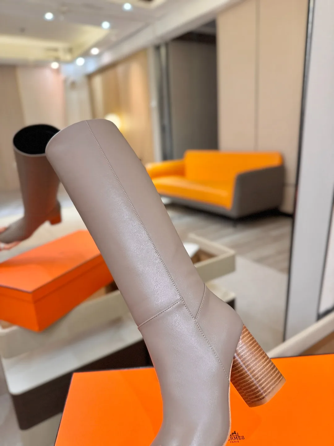 Hermes Cowhide Knee-High Boots in Grey · view 8