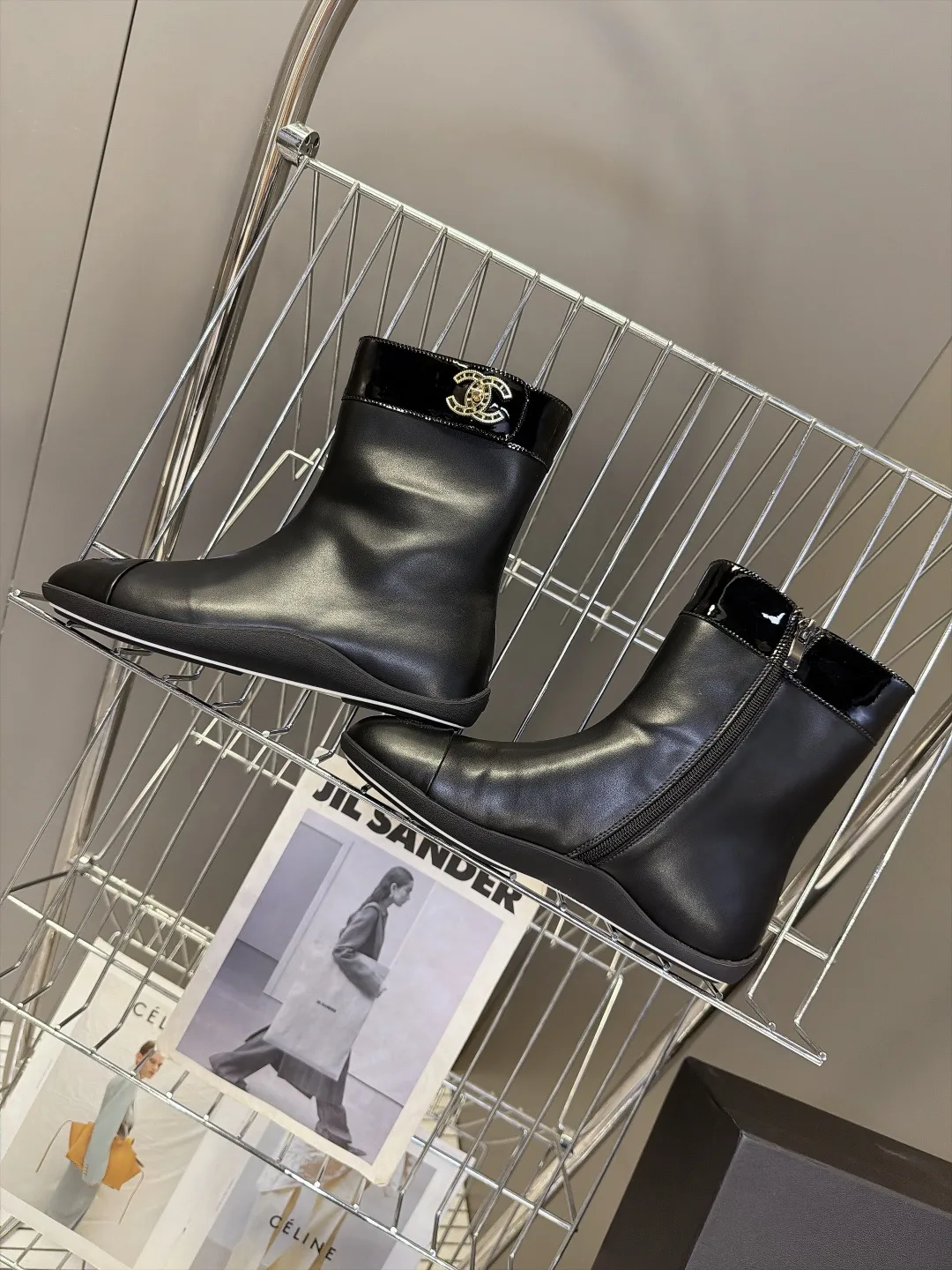 Chanel Calfskin Glossy Pointed-Toe Ankle Boots in Black · view 6