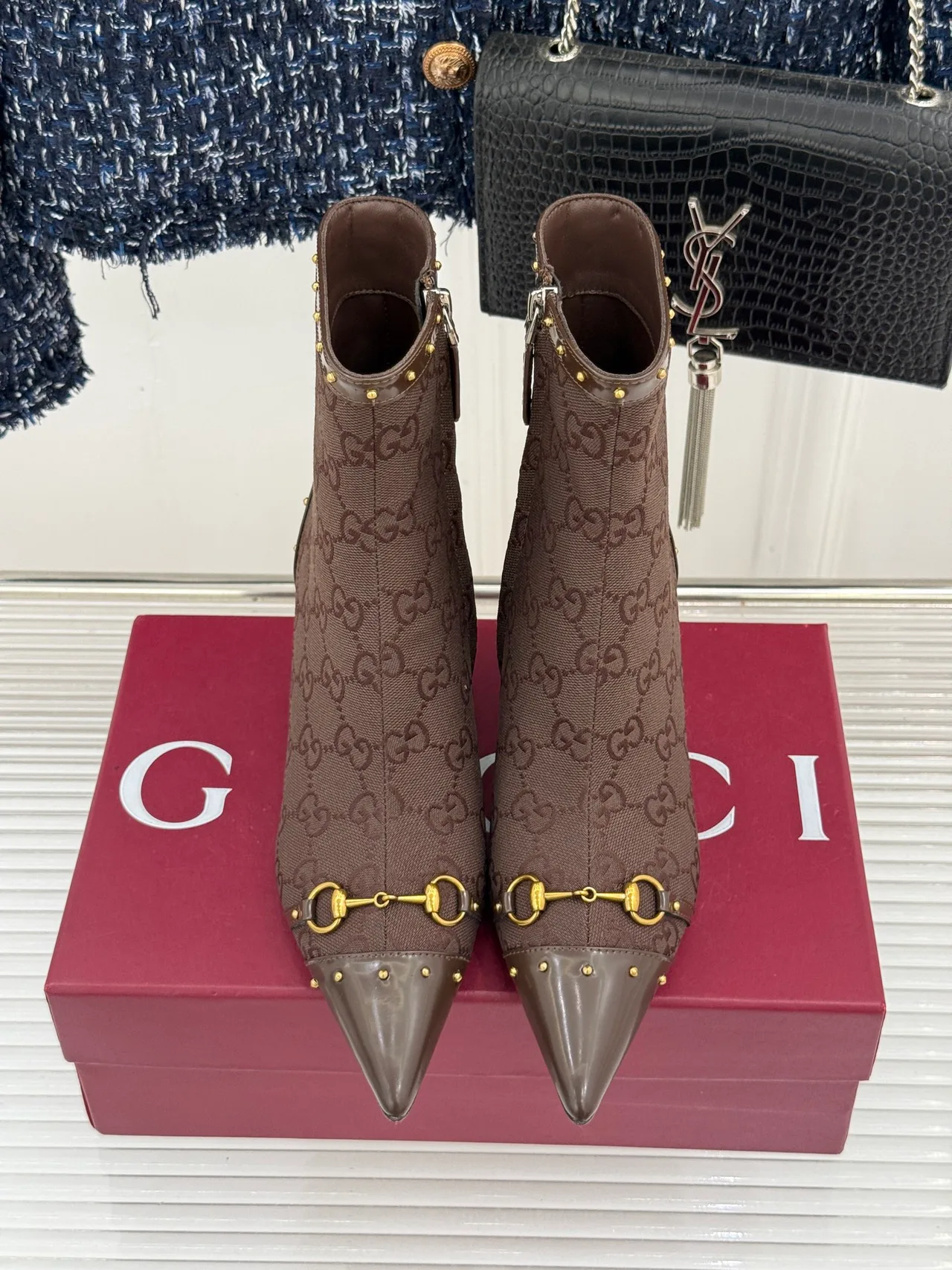 Gucci Sheepskin Canvas Ankle Boots in Brown · view 4