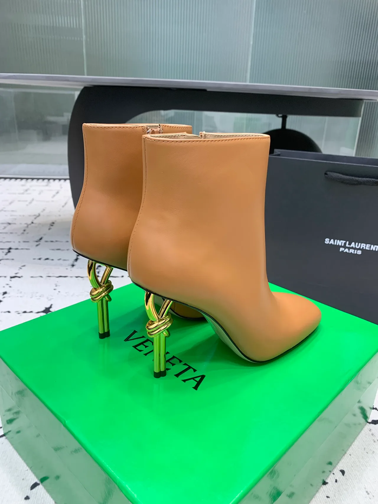 Calfskin Smooth Sculptural-Heel Ankle Boots in Brown · view 4