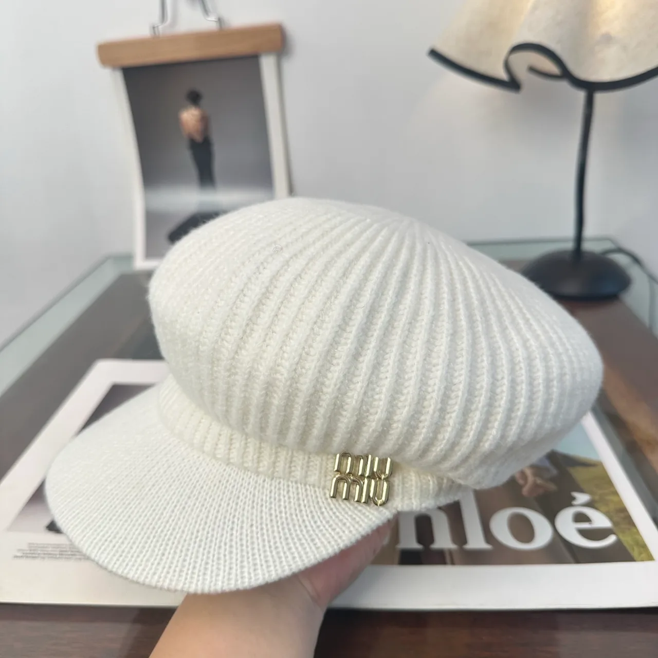 Miu Miu Ribbed Newsboy Cap in White · view 5
