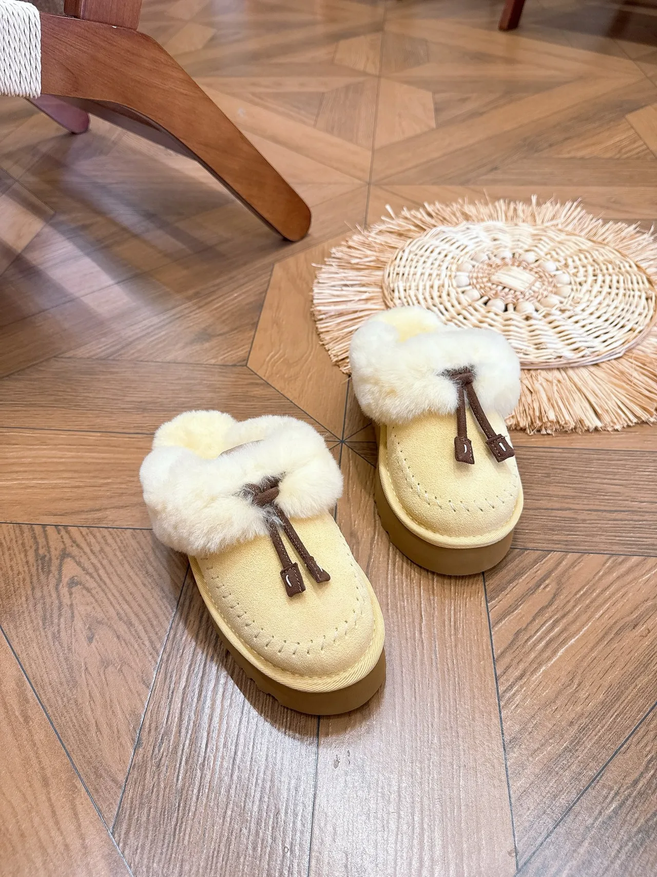 Glossy Tassel Plush-Cuff Platform Mules in Yellow · view 6