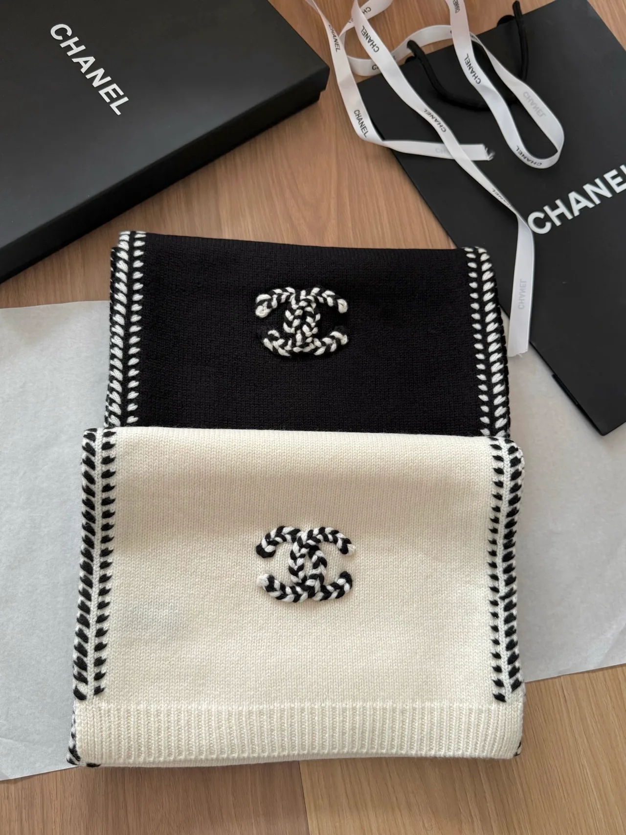 Chanel Contrast-Stitch Fringed Scarf in Black & White · view 2