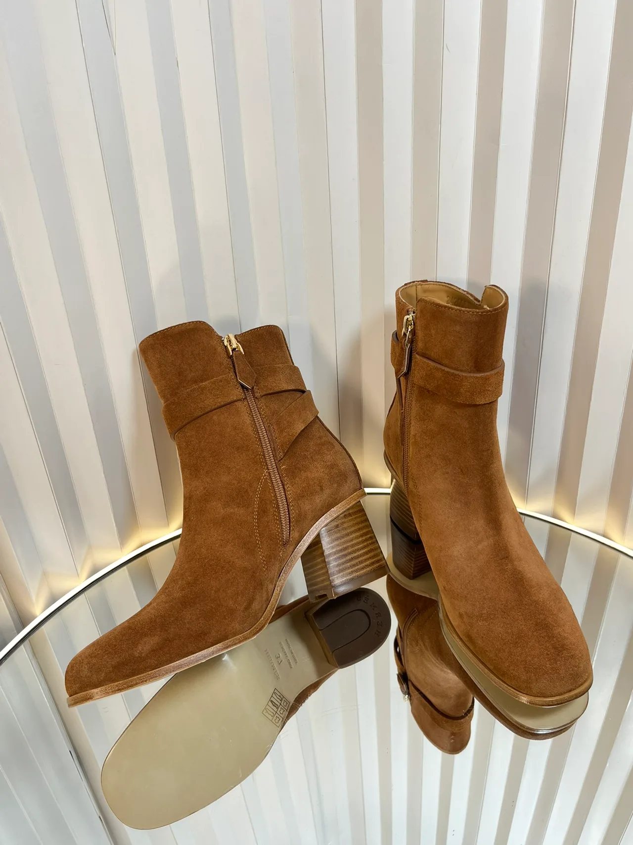 Hermes Calfskin Suede-Look Round-Toe Buckle Ankle Boots in Brown · view 7