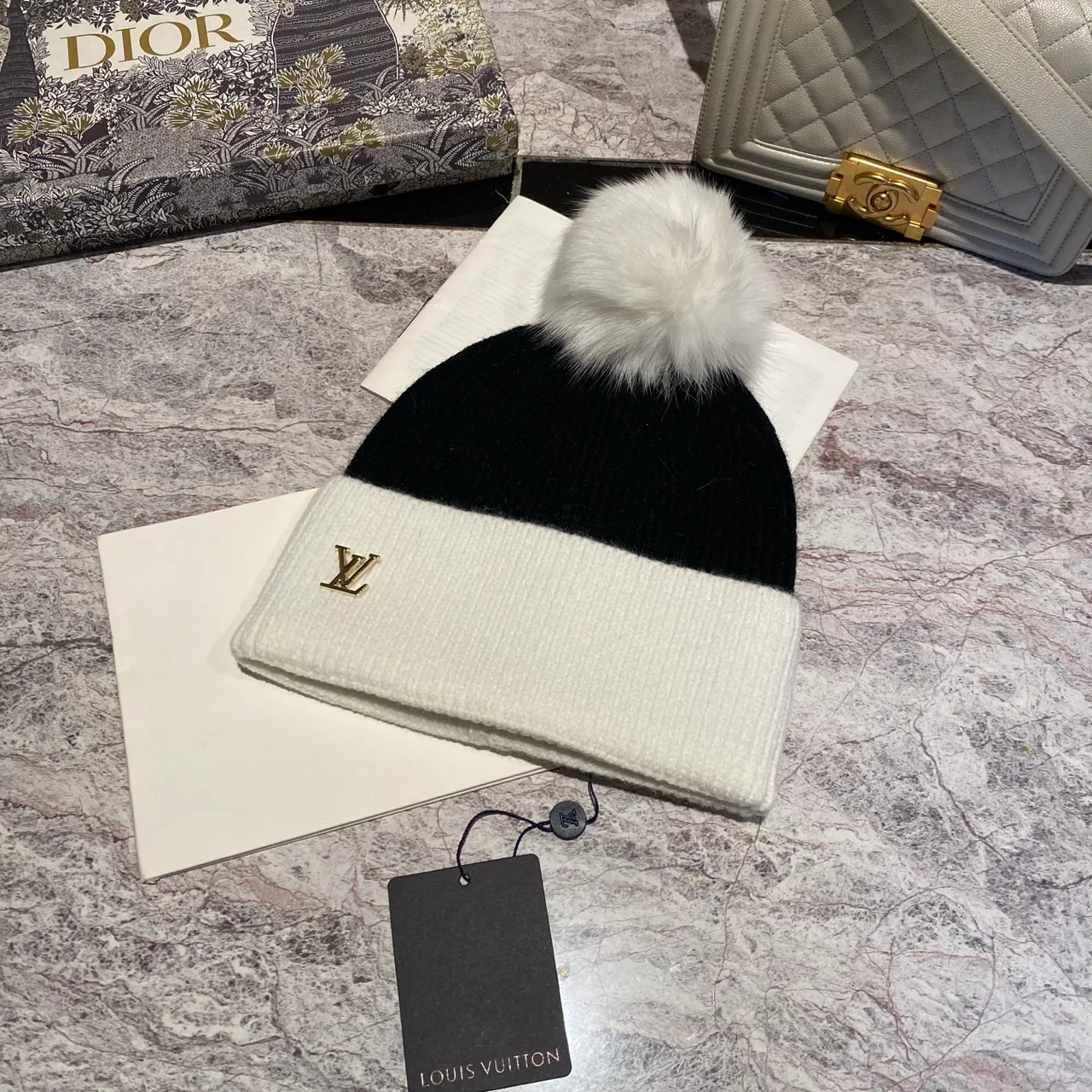 Louis Vuitton Pom-Pom Beanie in Beige & Brown & Cream & Black · view 4
