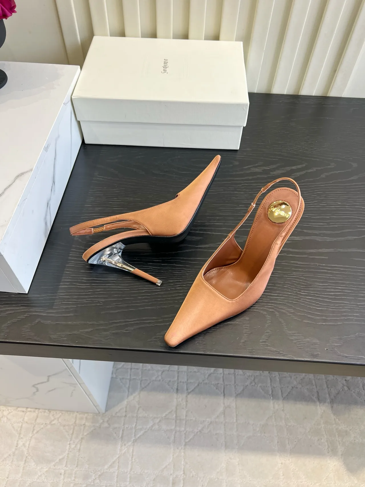 Saint Laurent Cowhide Silk Glossy Pointed-Toe Slingback Heels in Brown · view 4