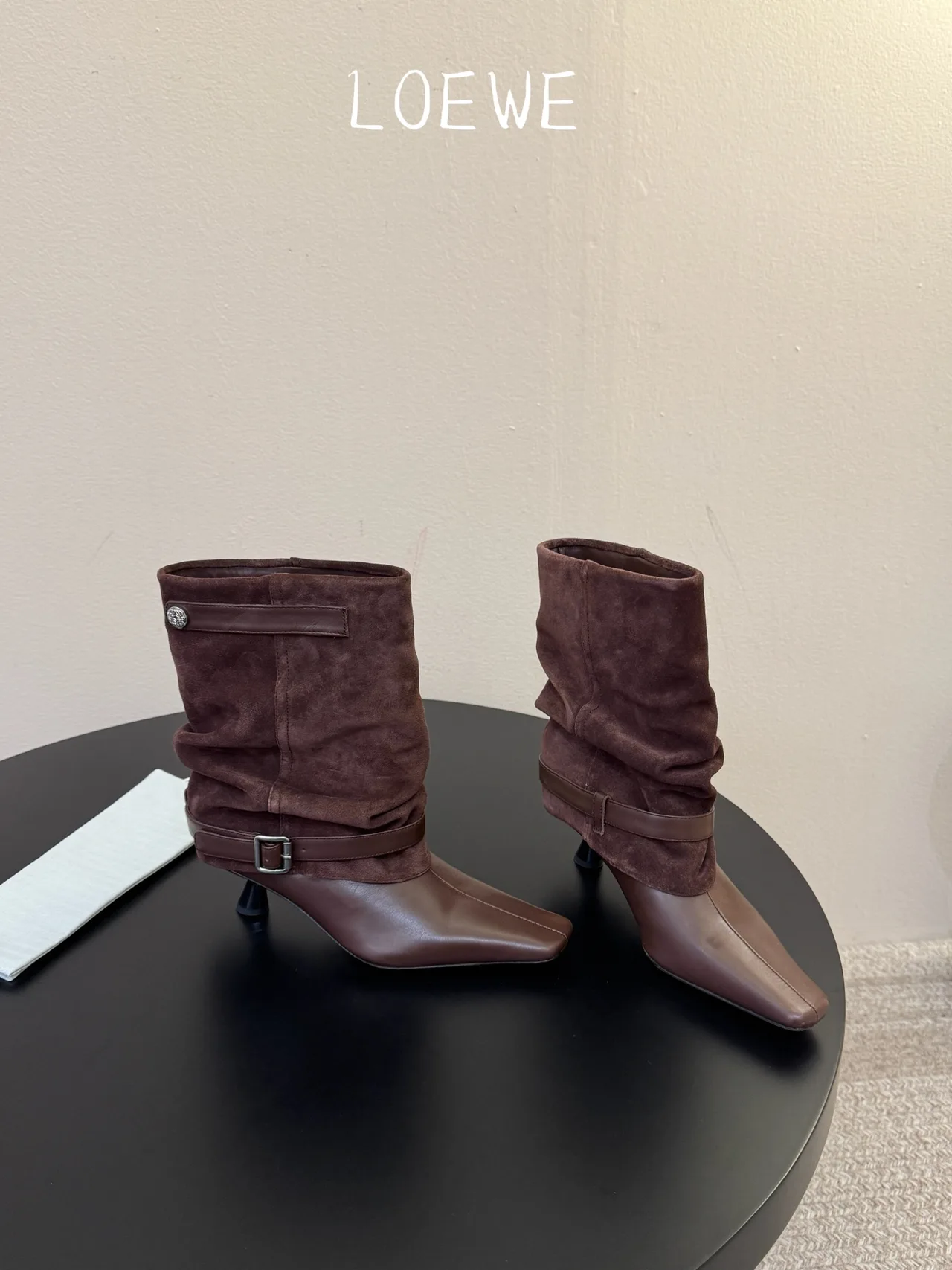 Loewe Cowhide Ribbed Suede-Look Square-Toe Buckle Ankle Boots in Brown · view 4