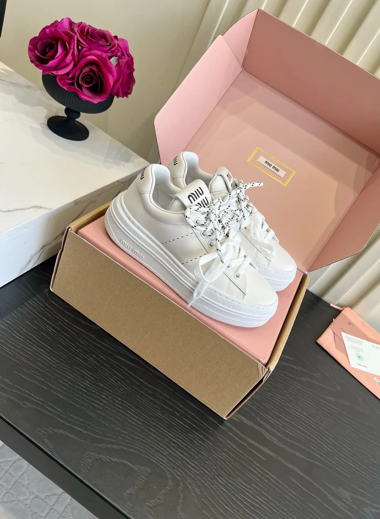 Miu Miu Cowhide Denim Smooth Sneakers in White · view 3