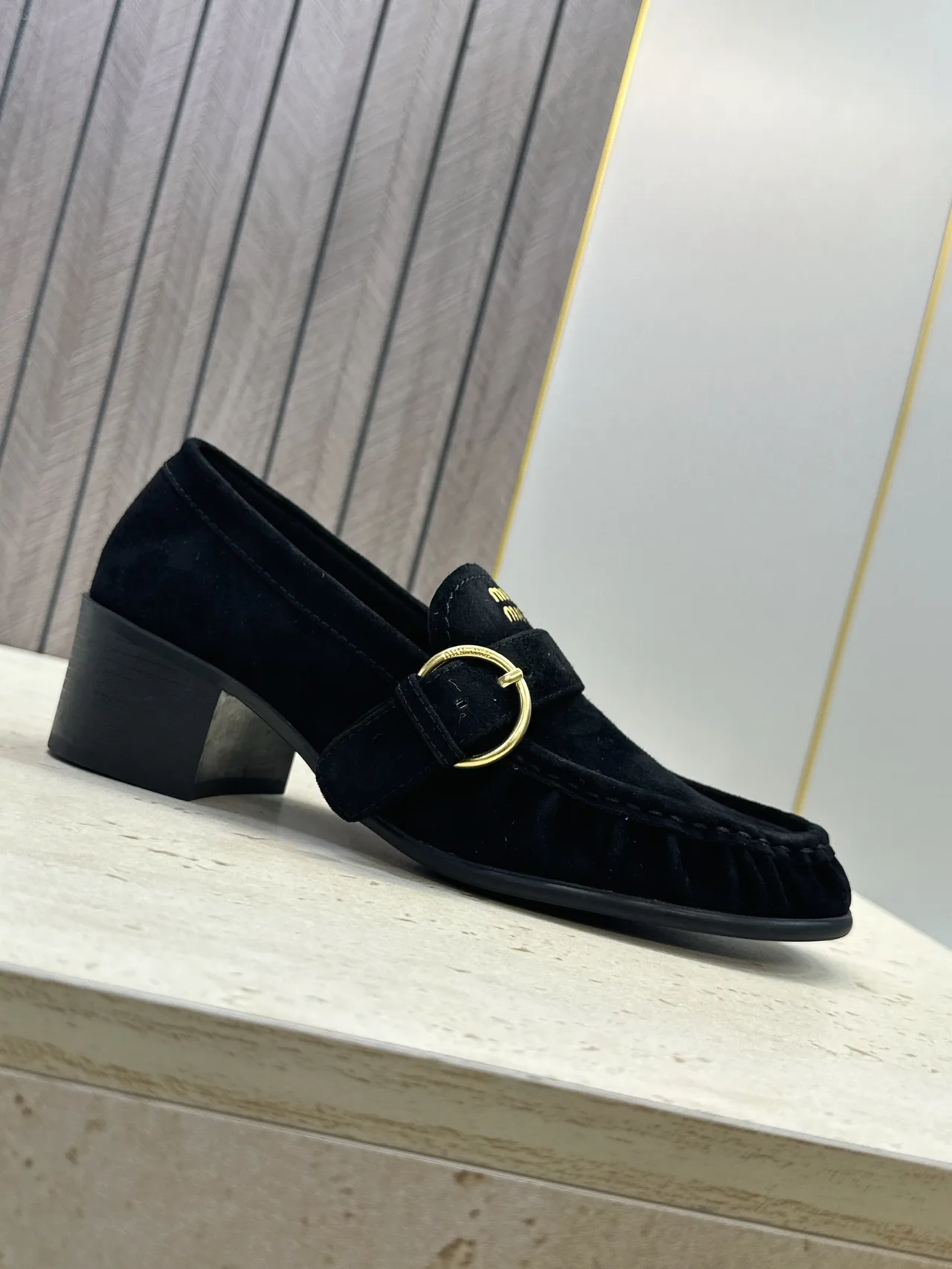 Miu Miu Cowhide Sheepskin Buckle Suede Heeled Loafers in Black · view 6