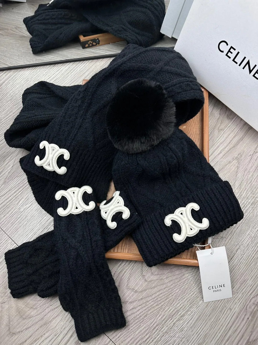 Celine 50% Wool 50% Acrylic Embroidered 3-Piece Set (Hat, Scarf & Gloves) in Black · view 8