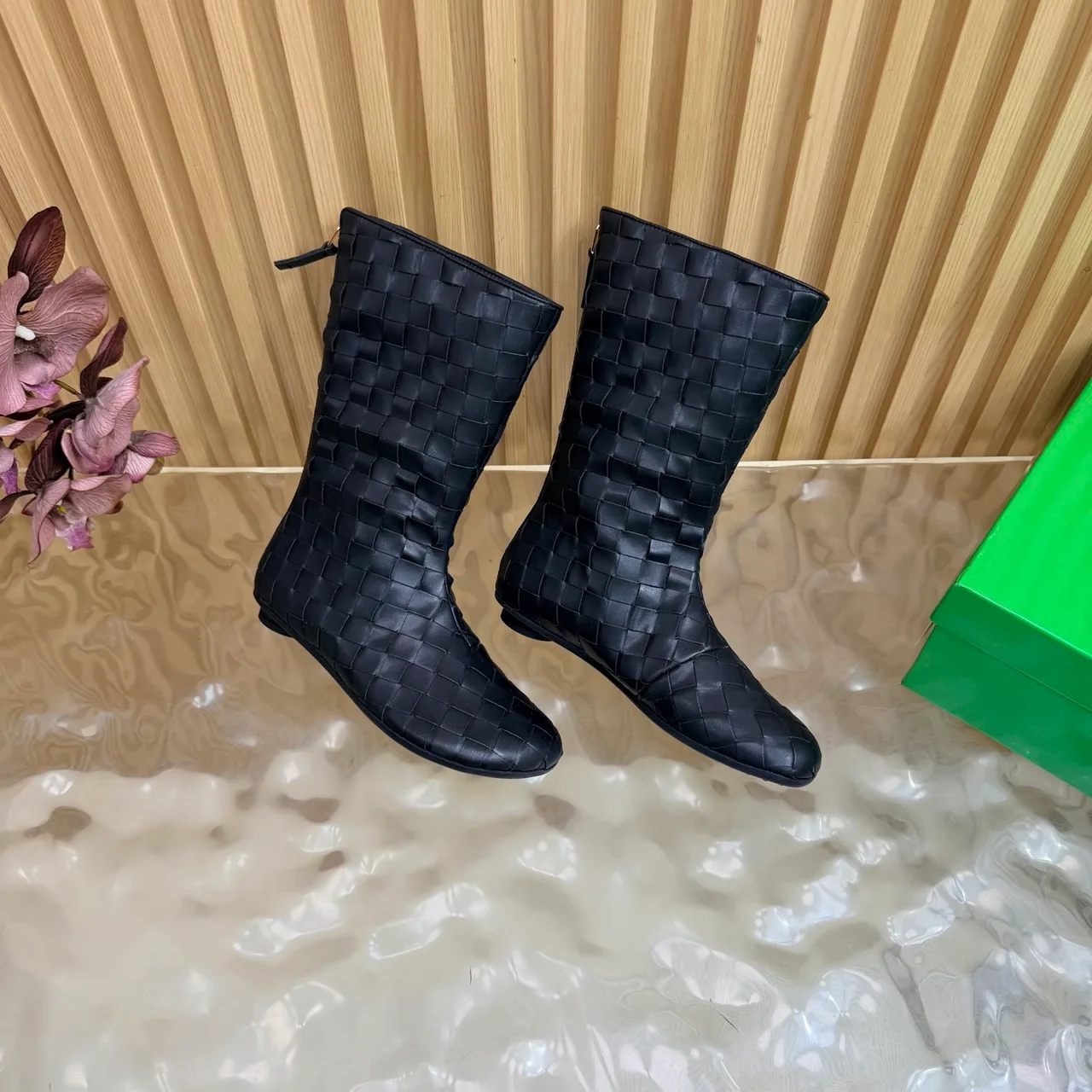 Bottega Veneta Quilted Woven Pointed-Toe Ankle Boots in Black · view 8