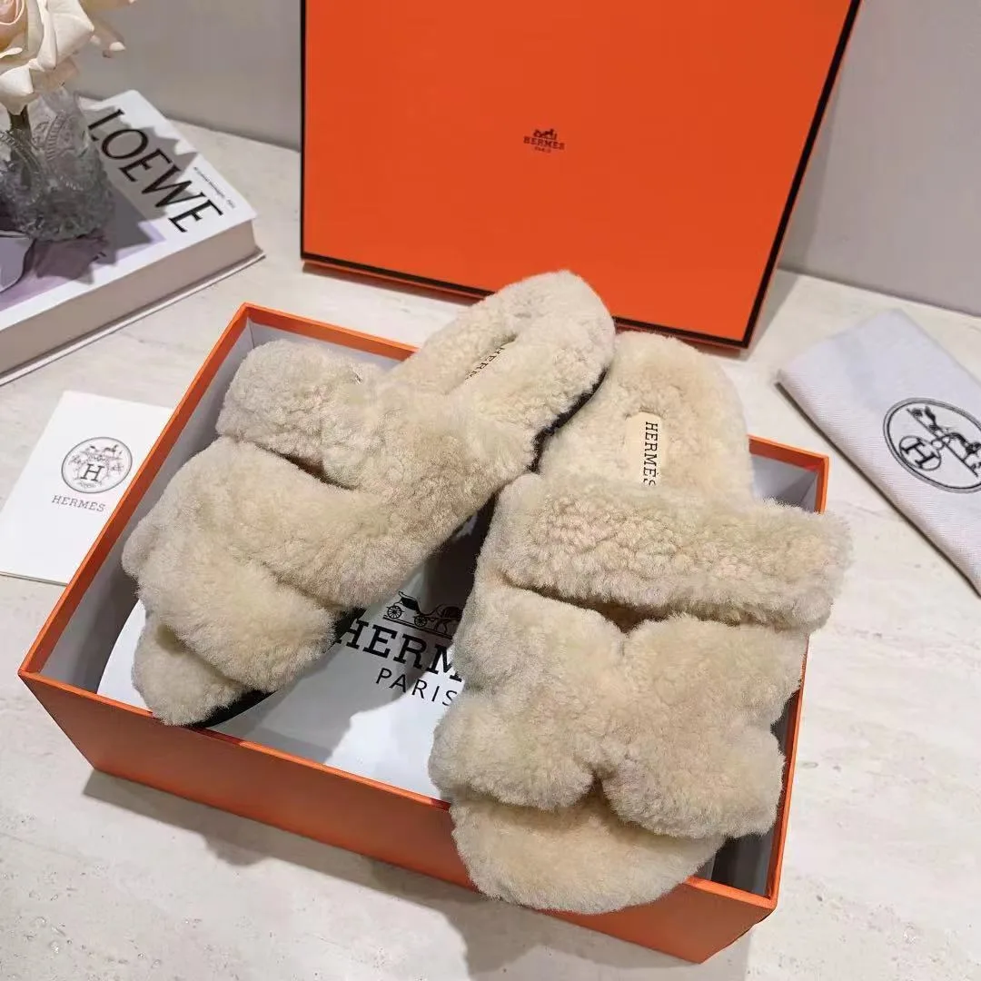 Hermes Sheepskin Chypre Shearling Slides in White · view 6