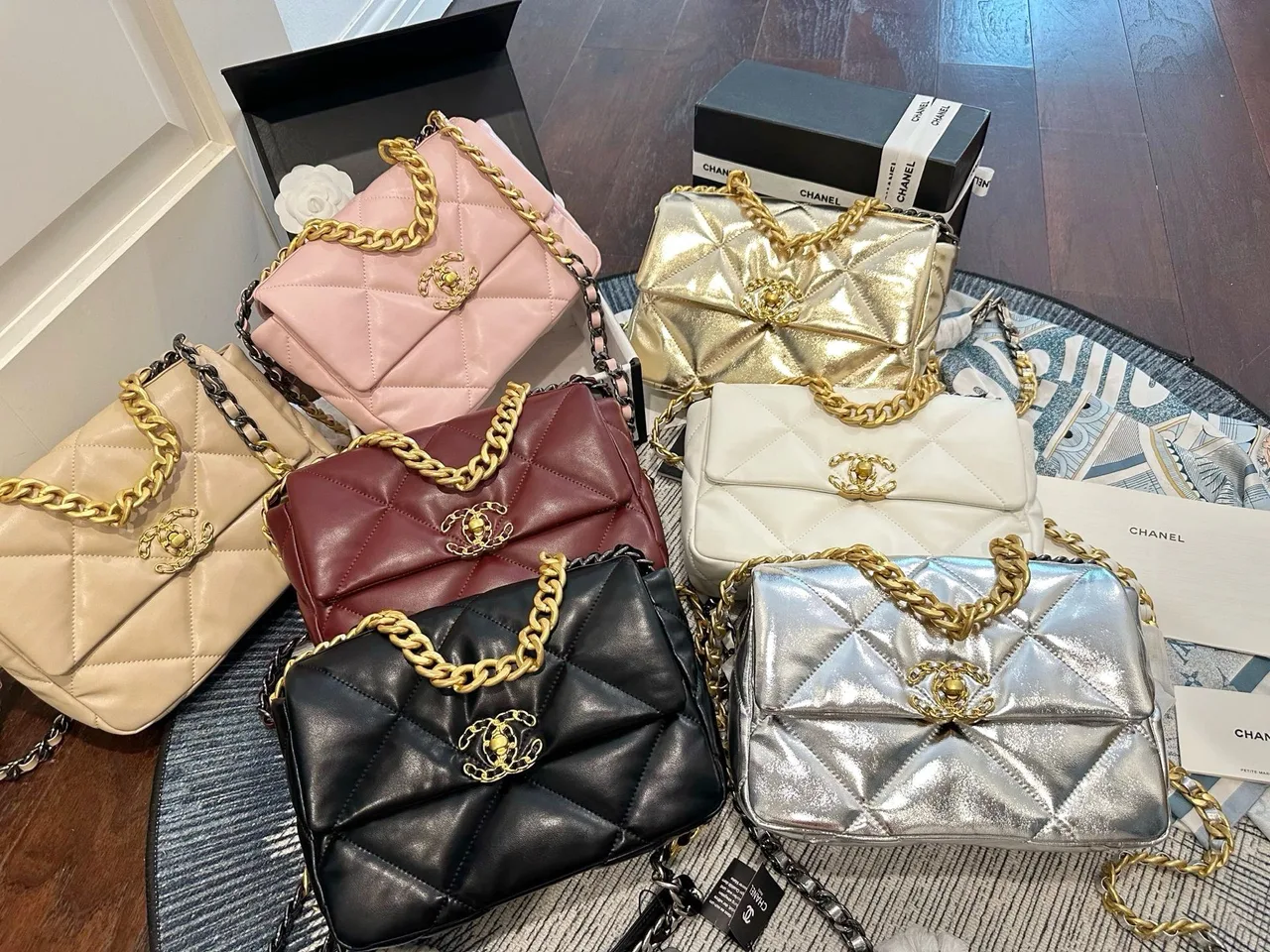 Chanel 19 quilted shoulder bag in Beige & Pink & Gold & Burgundy & Cream & Black & Silver · view 1