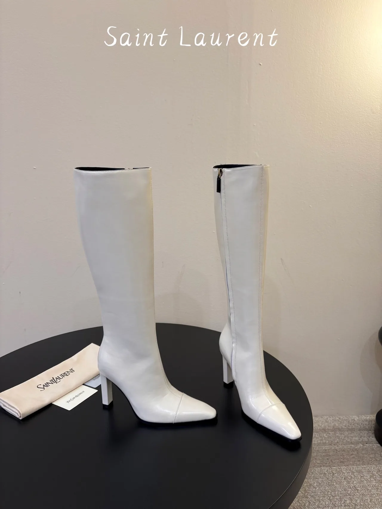 Saint Laurent Cowhide Sheepskin Knee-High Boots in White · view 4
