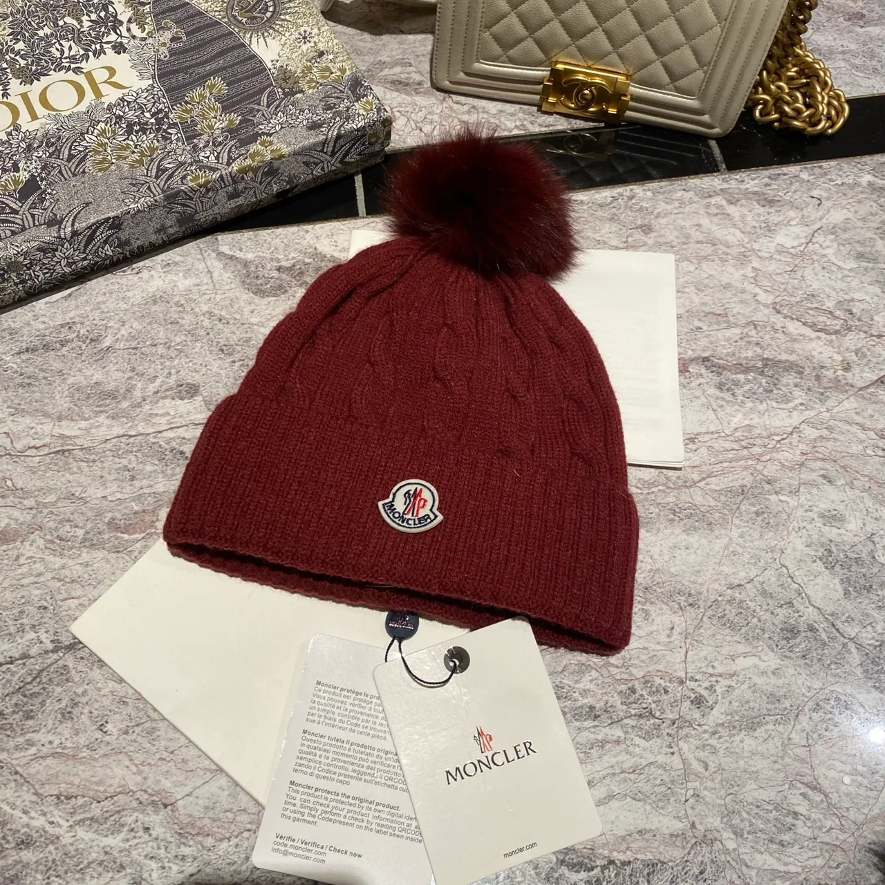 Moncler Pom-Pom Beanie in Black & White & Grey & Tan & Blue & Burgundy & Cream & Pink · view 6