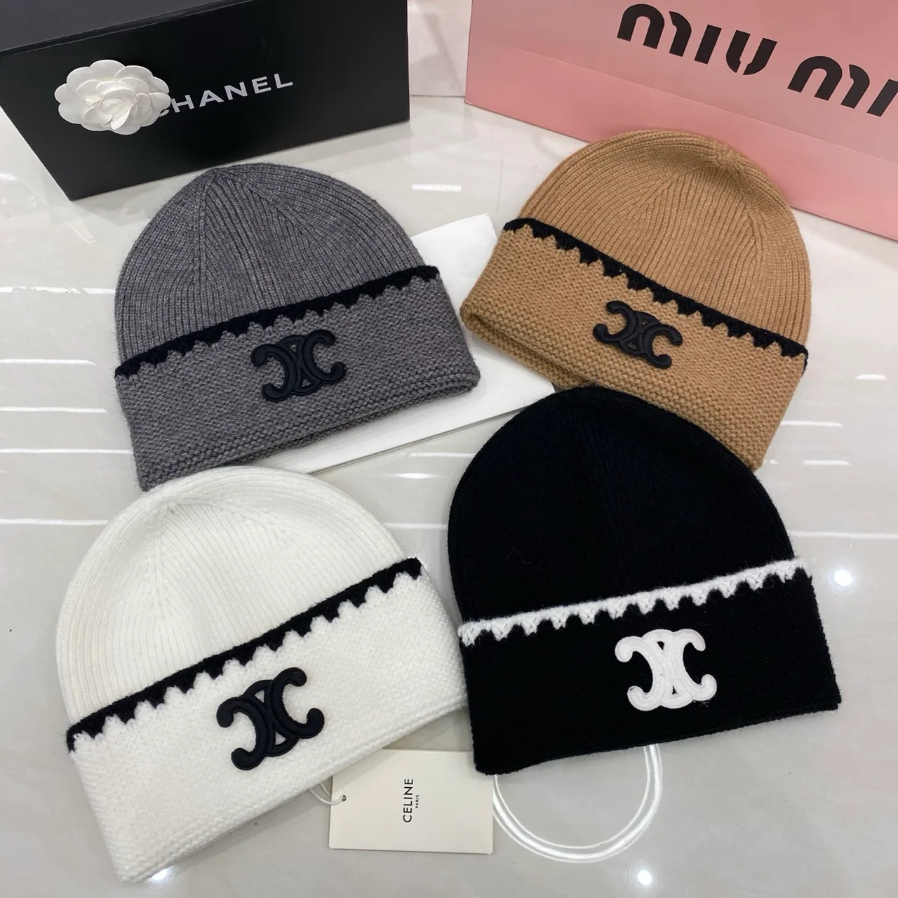 Chanel Knit Beanie in Black & Cream & Grey & Tan · view 5