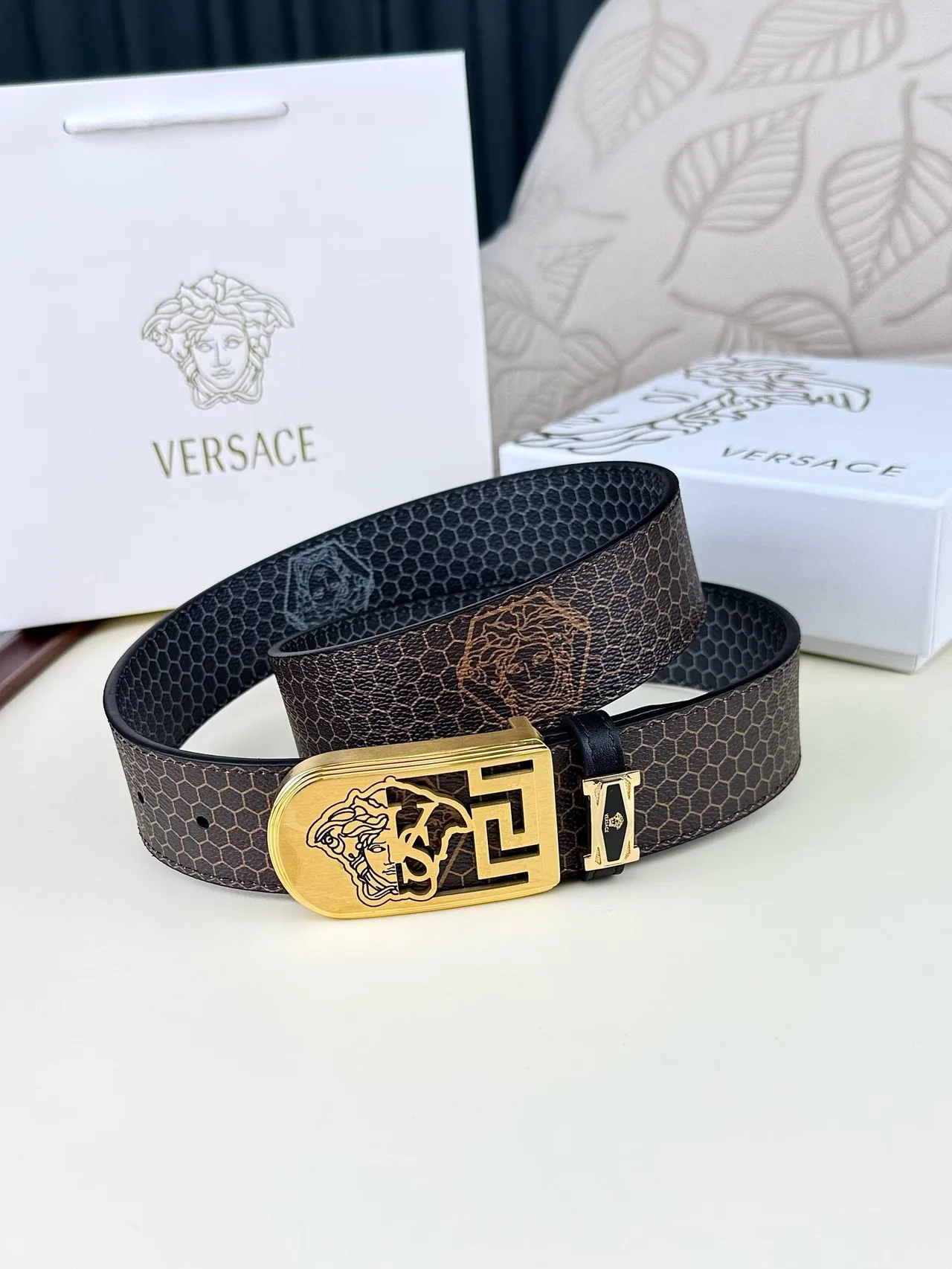 Versace Medusa Pattern Belt in Brown · view 5