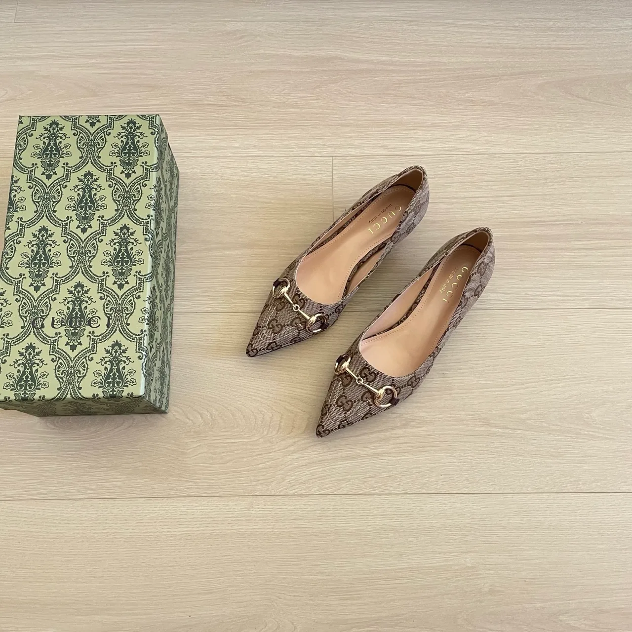 Gucci Canvas Pointed-Toe Monogram Kitten Heel Pumps in Beige · view 2