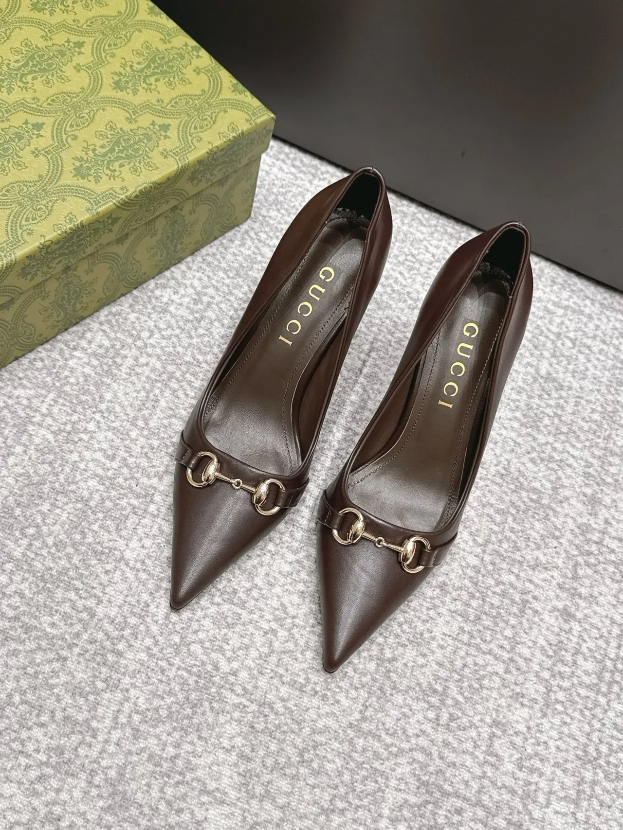 Gucci Sheepskin Horsebit Heel Pumps in Brown · view 1