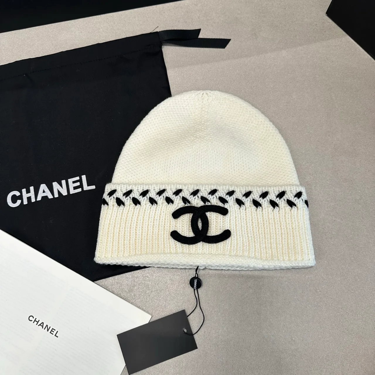 Chanel Beanie in White & Black & Red · view 1