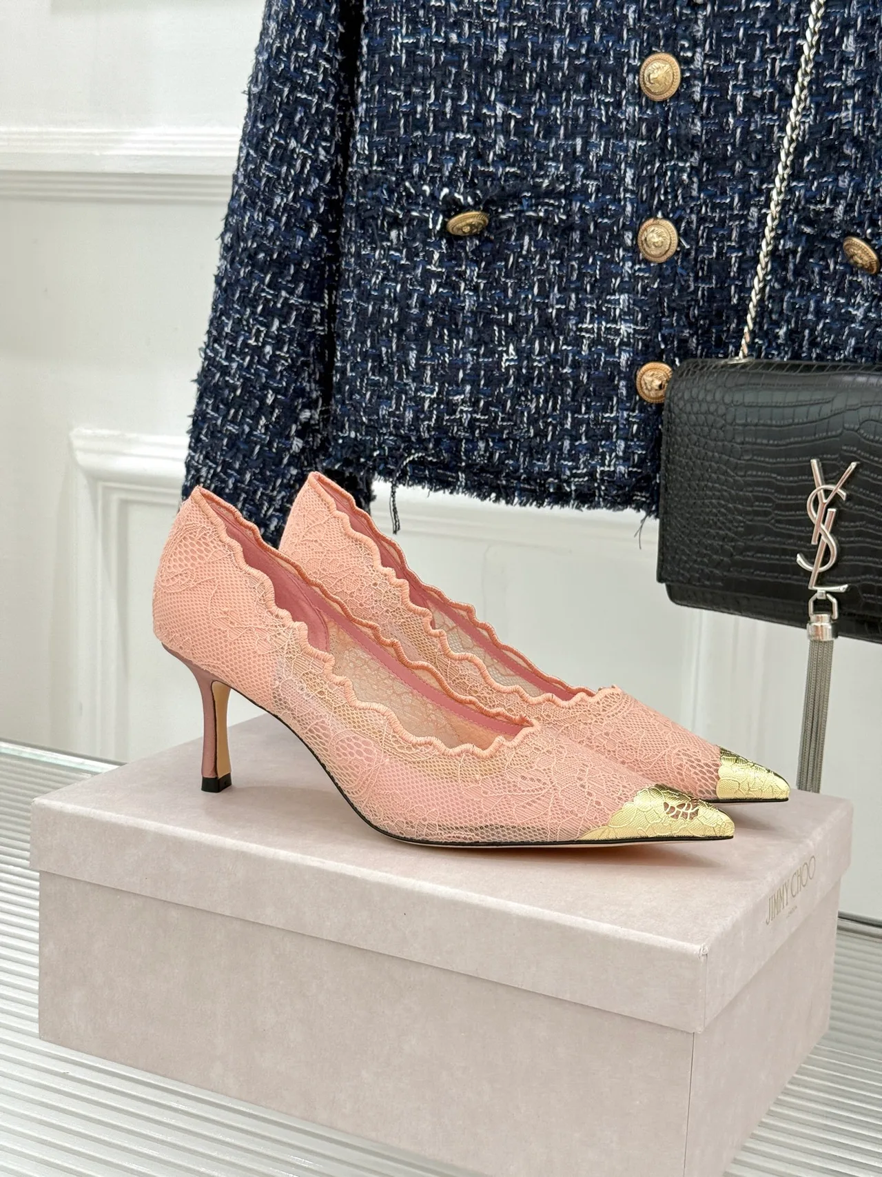 Jimmy Choo Smooth Pointed-Toe Lace Heel Pumps in Pink · view 2