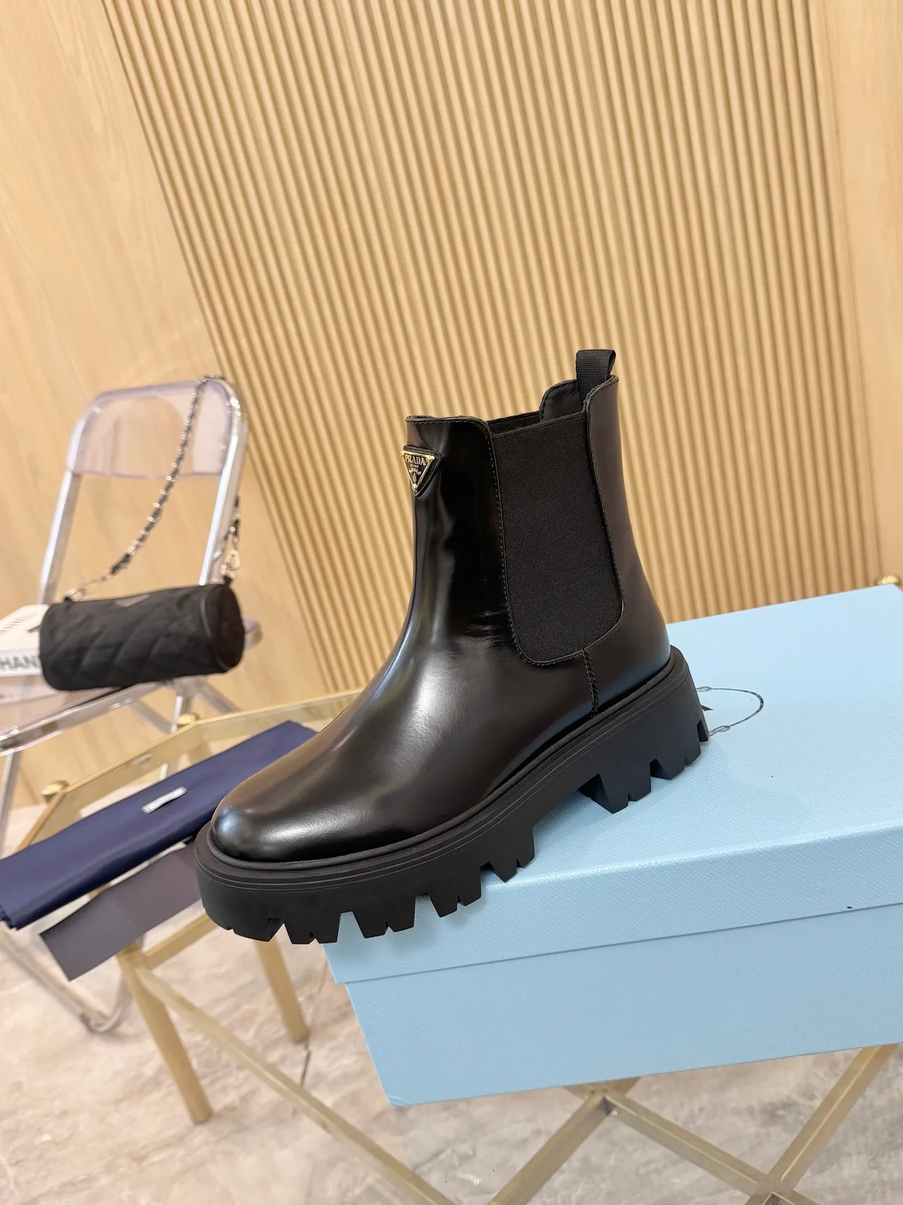 Prada Glossy Chelsea Boots in Black · view 5