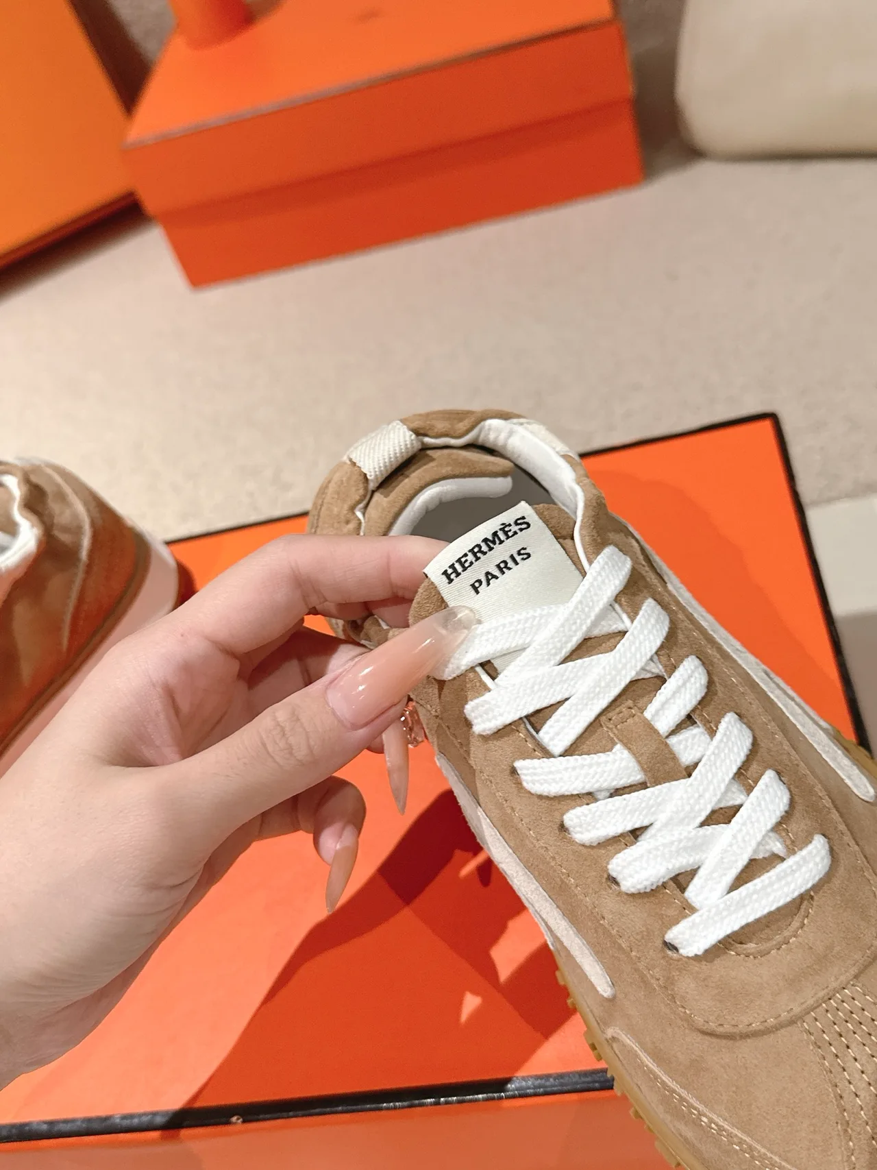 Hermes Sheepskin Suede Sneakers in Tan · view 8