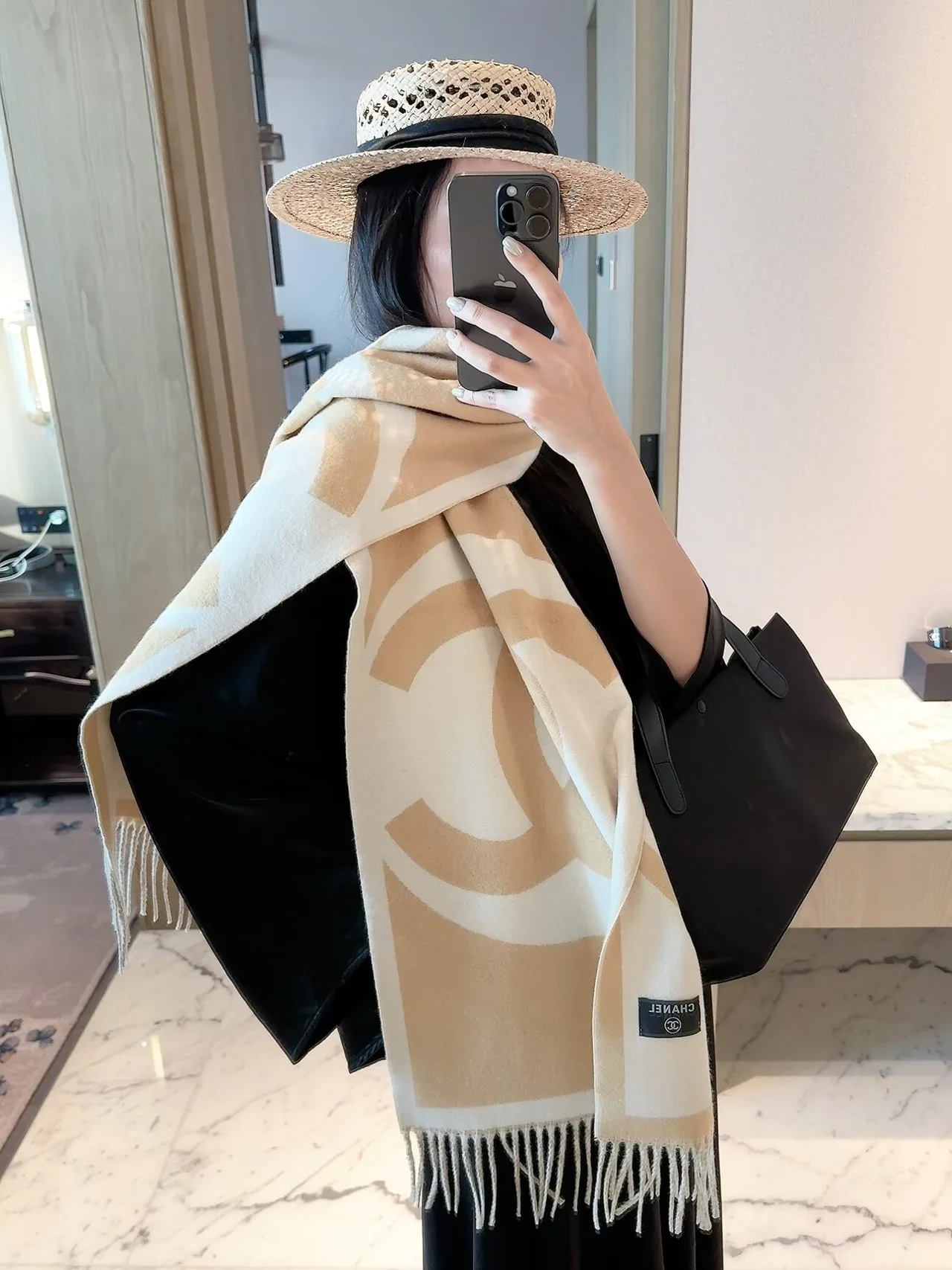 Chanel CC Jacquard Scarf in Beige & Brown · view 3