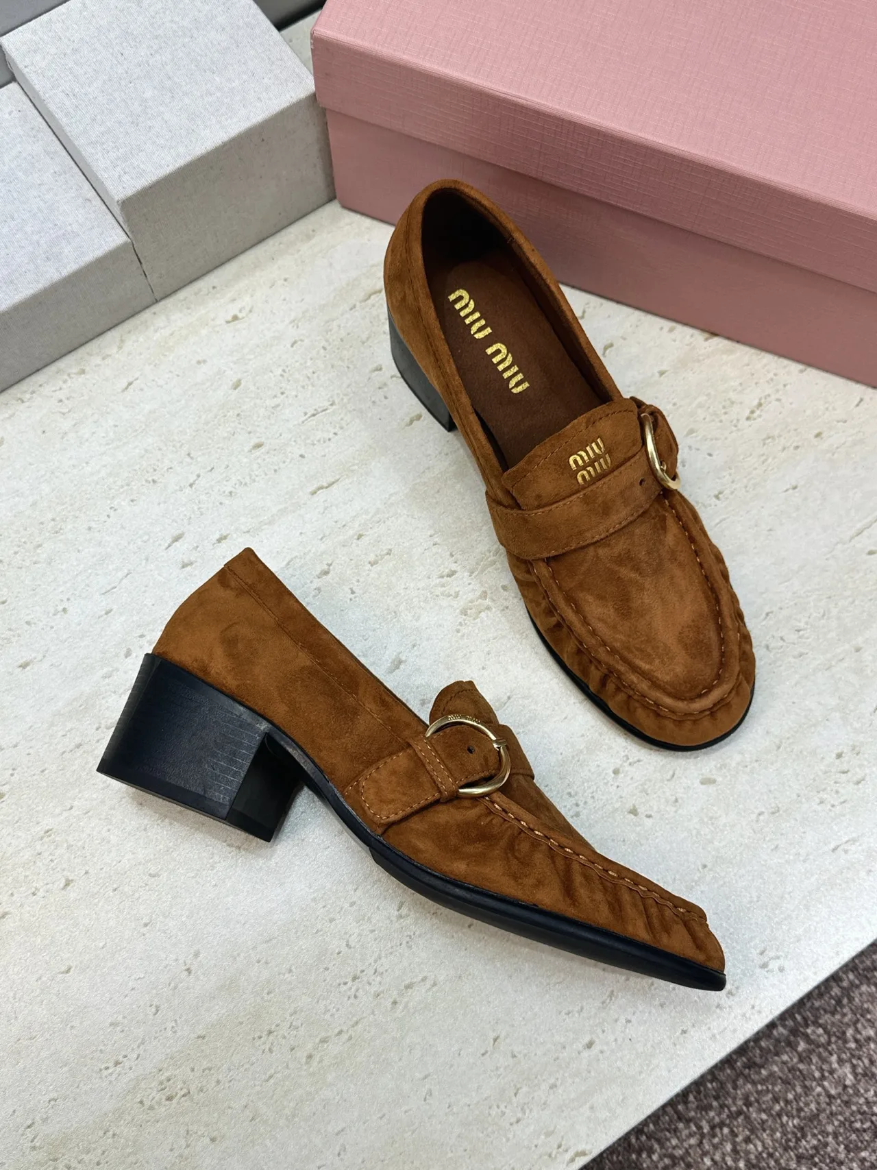 Miu Miu Cowhide Sheepskin Buckle Suede Heeled Loafers in Tan · view 4