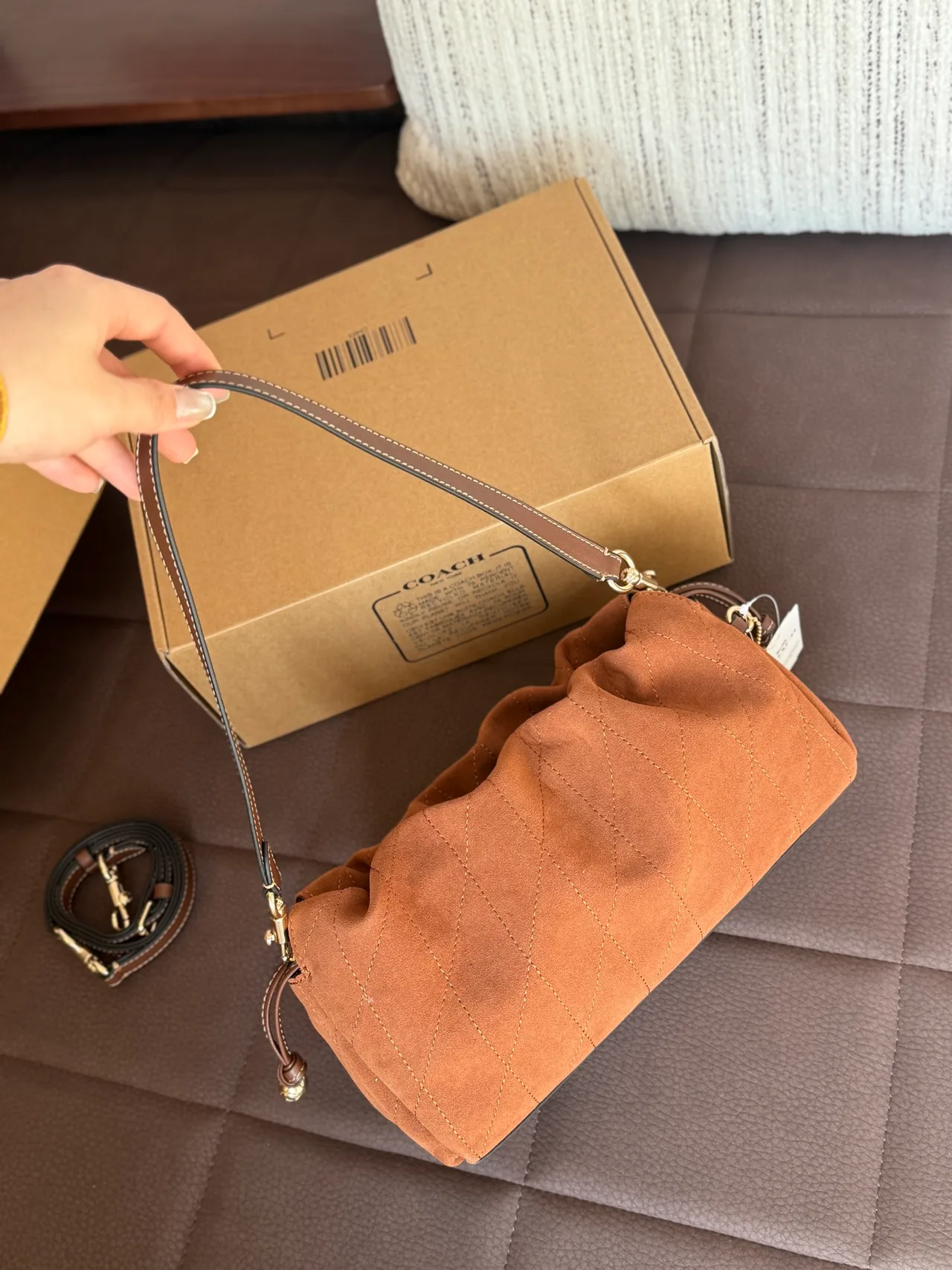 Quilted Suede-Look Drawstring Shoulder Bag in Brown · view 5