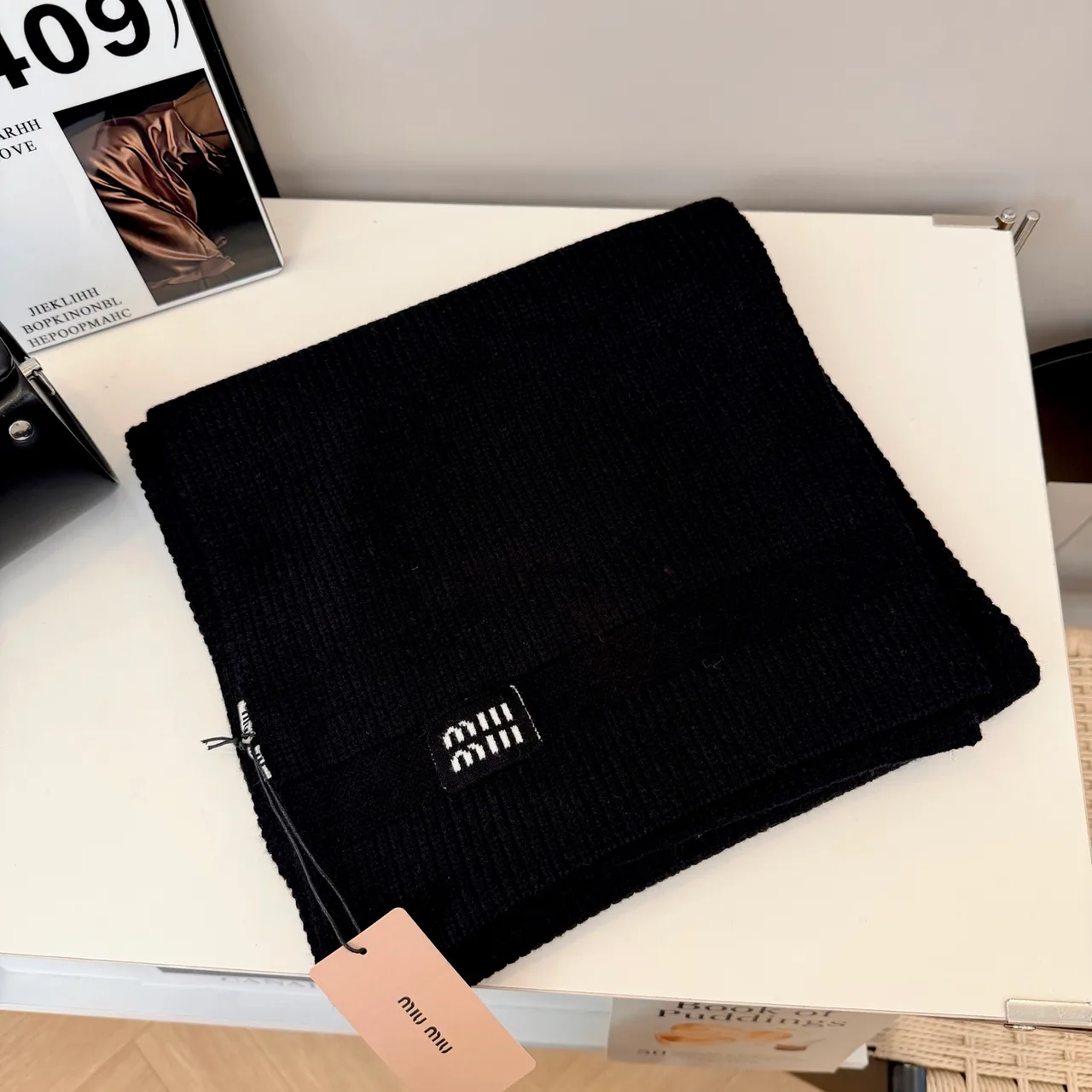 Miu Miu Ribbed Scarf in Black · view 1